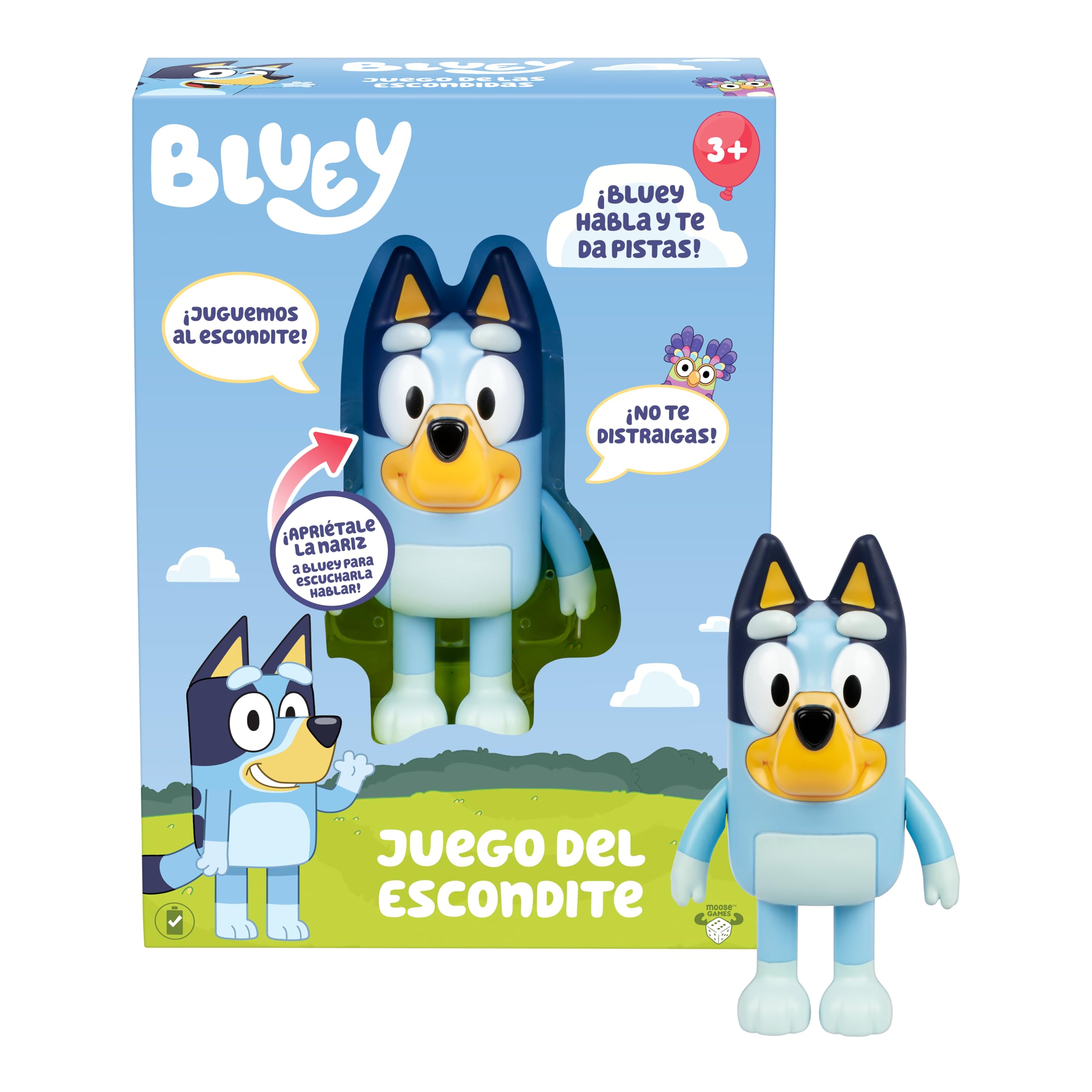 Juego del escondite Bluey, esconde a Bluey y apriétale la Nariz para reiniciar la Cuenta. Ella Habla y ríe para Ayudar a encontrarla. Los peques Pueden Bailar con la canción de la Serie