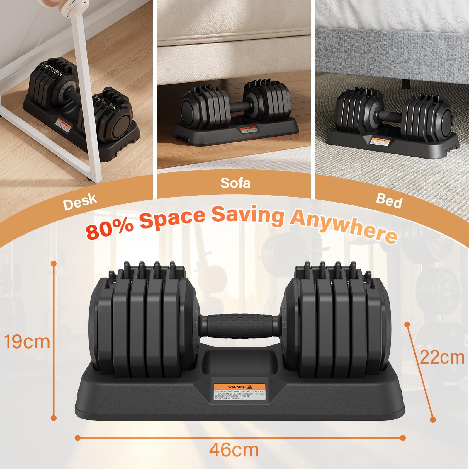Set di manubri regolabili, coppia di pesi da 11 kg/24,5 kg, impugnatura antiscivolo con meccanismo di bloccaggio di sicurezza (Nero 24.5kg x2 (10 livelli di regolazione))