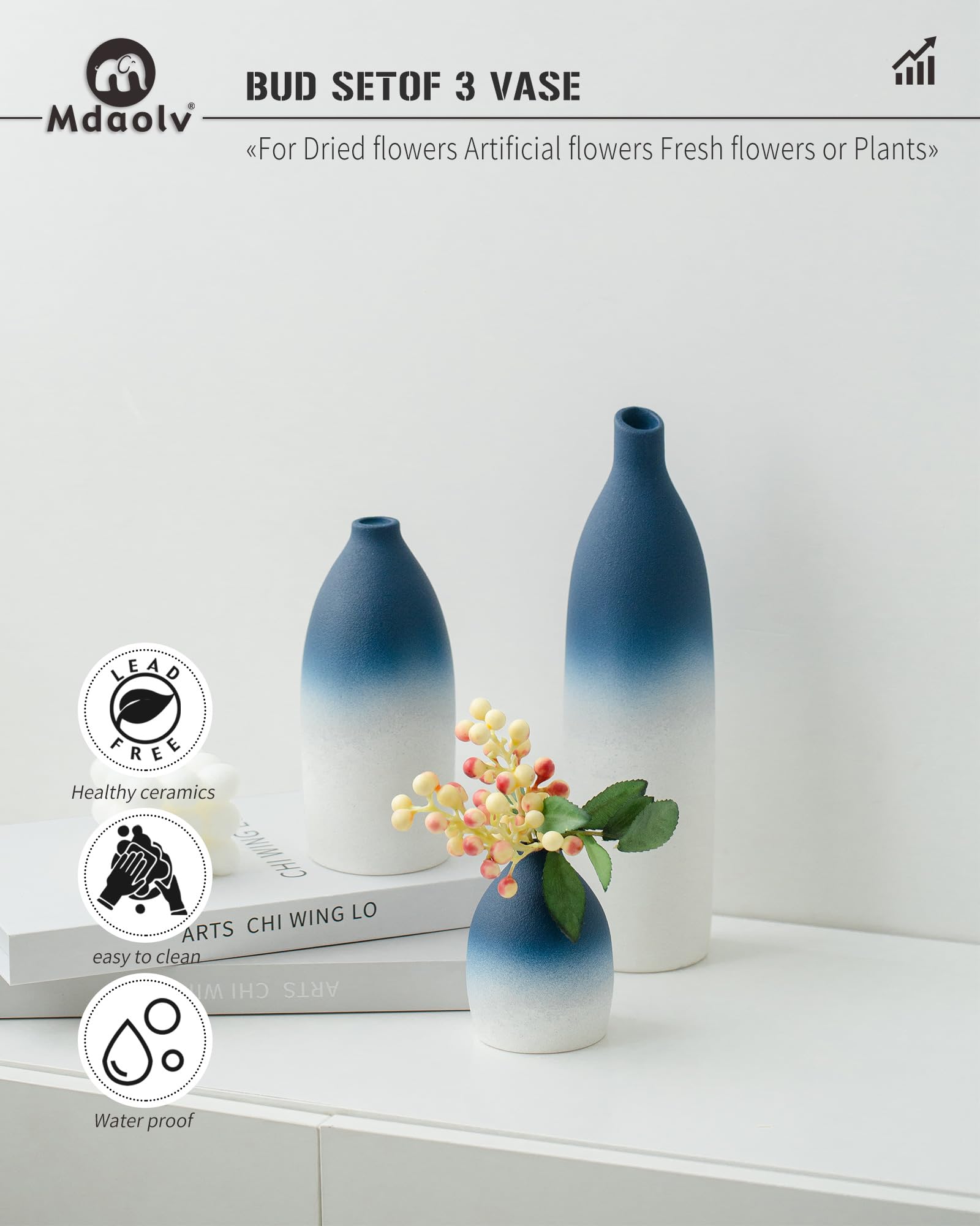 Mdaolv Blaues und weißes Vasen-Set – marineblaue Küstendekoration für Kücheninsel, Wohnzimmer, Bürotisch, Kaminsims, Badezimmer-Regal – Keramik-Tischdekorationen