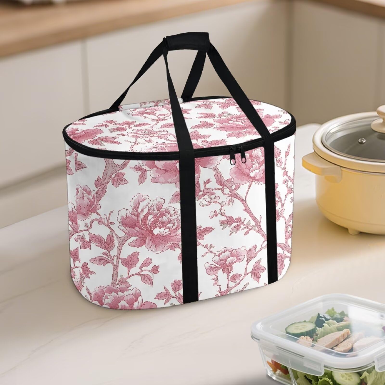 Cozeyat Elegant Floral Slow Cooker Carrying Case Compatible with 6-8 Quart Crockpot Carrier for Hot Travel, Outdoor, Picnic