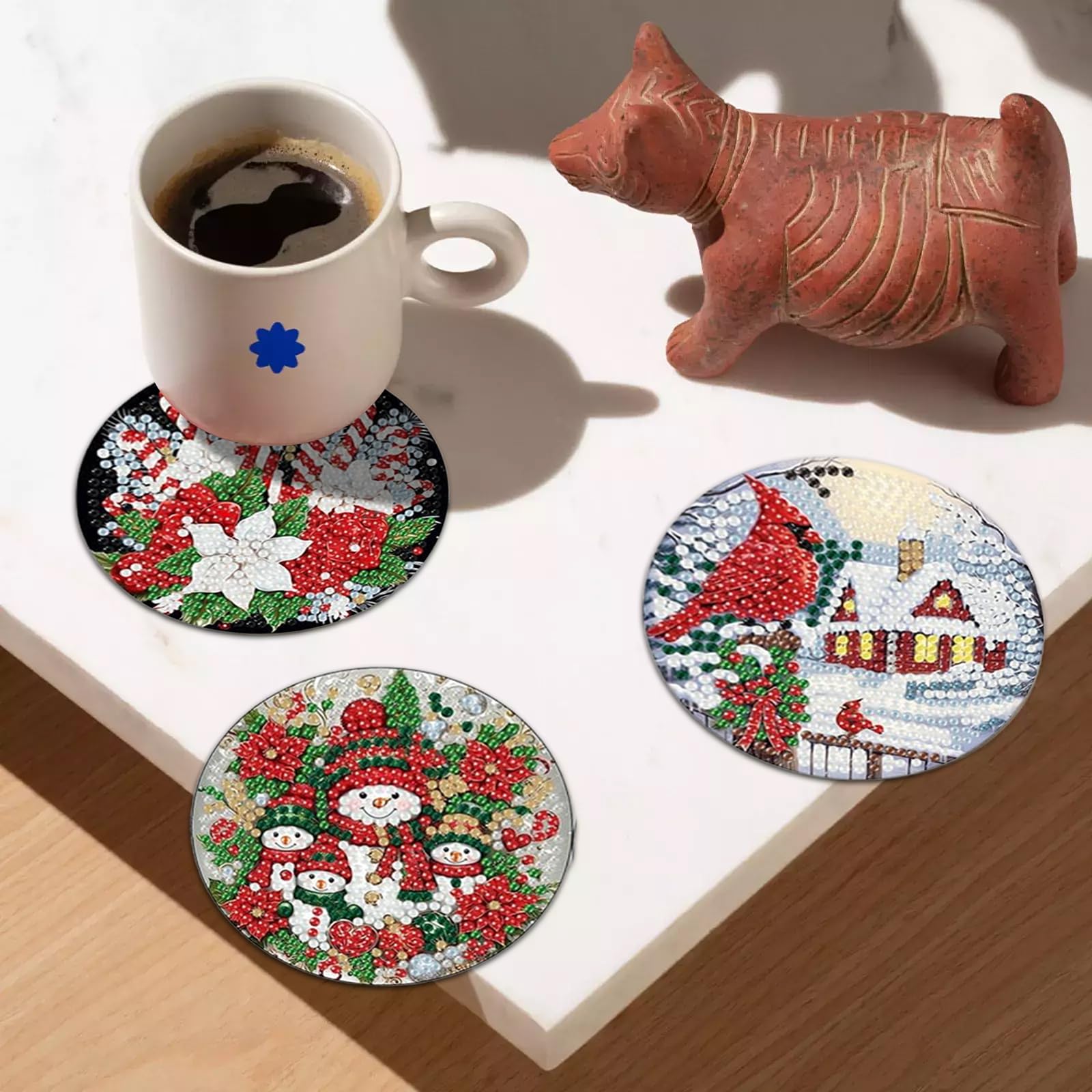Set 8 Sottobicchieri Natalizi Diamond Art Painting JUNEBRUSHS, Diametro 10 Cm, Con Diamanti E Strumenti