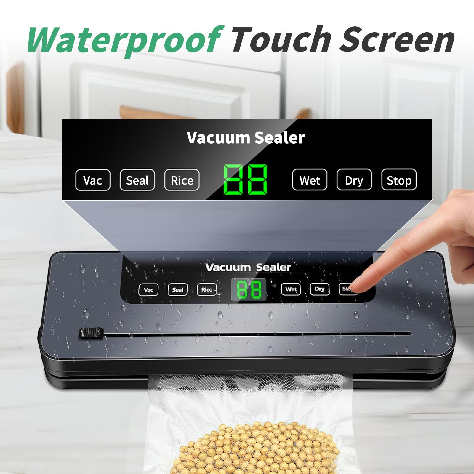 Macchina Sottovuoto Alimenti, 6-IN-1 Sistema di Conservazione degli Alimenti Sottovuoto Umidi con 50 Sachetti Sottovuoto Tubo Sottovuoto Coltello da taglio, 65KPA Vuoto Veloce, Modalità a Secco Umido