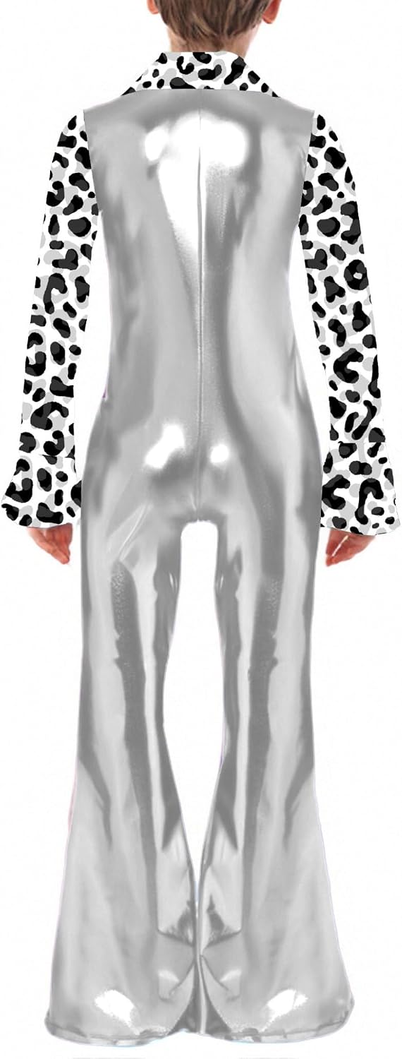 Retro 70s Kids Boys Jumpsuit Glitter Print Long Sleeve Zip Front Bell Bottoms