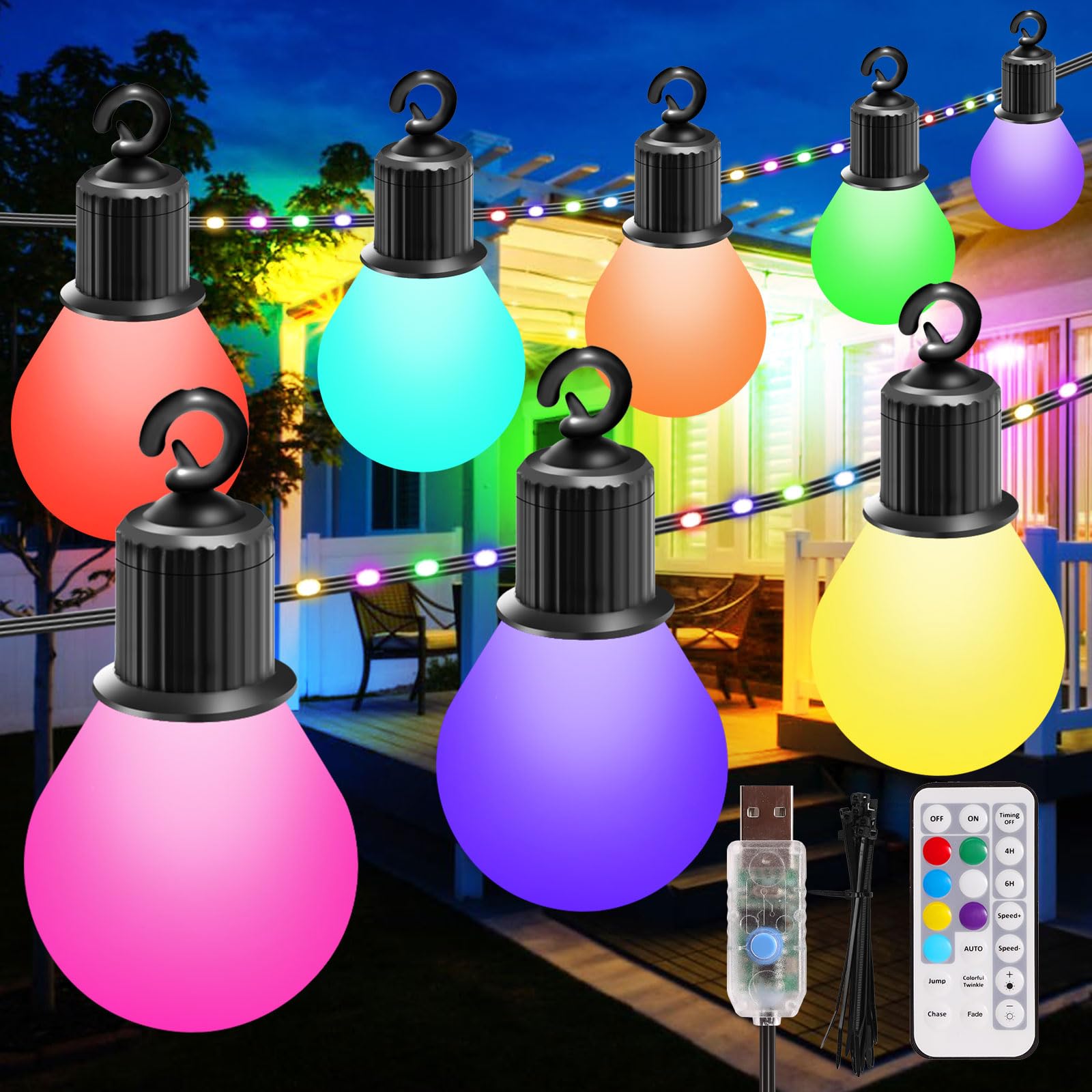 GreenClick Outdoor String Lights, RGB Patio Lights with 20 Dimmable LED Bulbs IP65 Waterproof Shatterproof,41FT Color Changing String Lights with Remote for Outside Christmas Porch Backyard Decoration