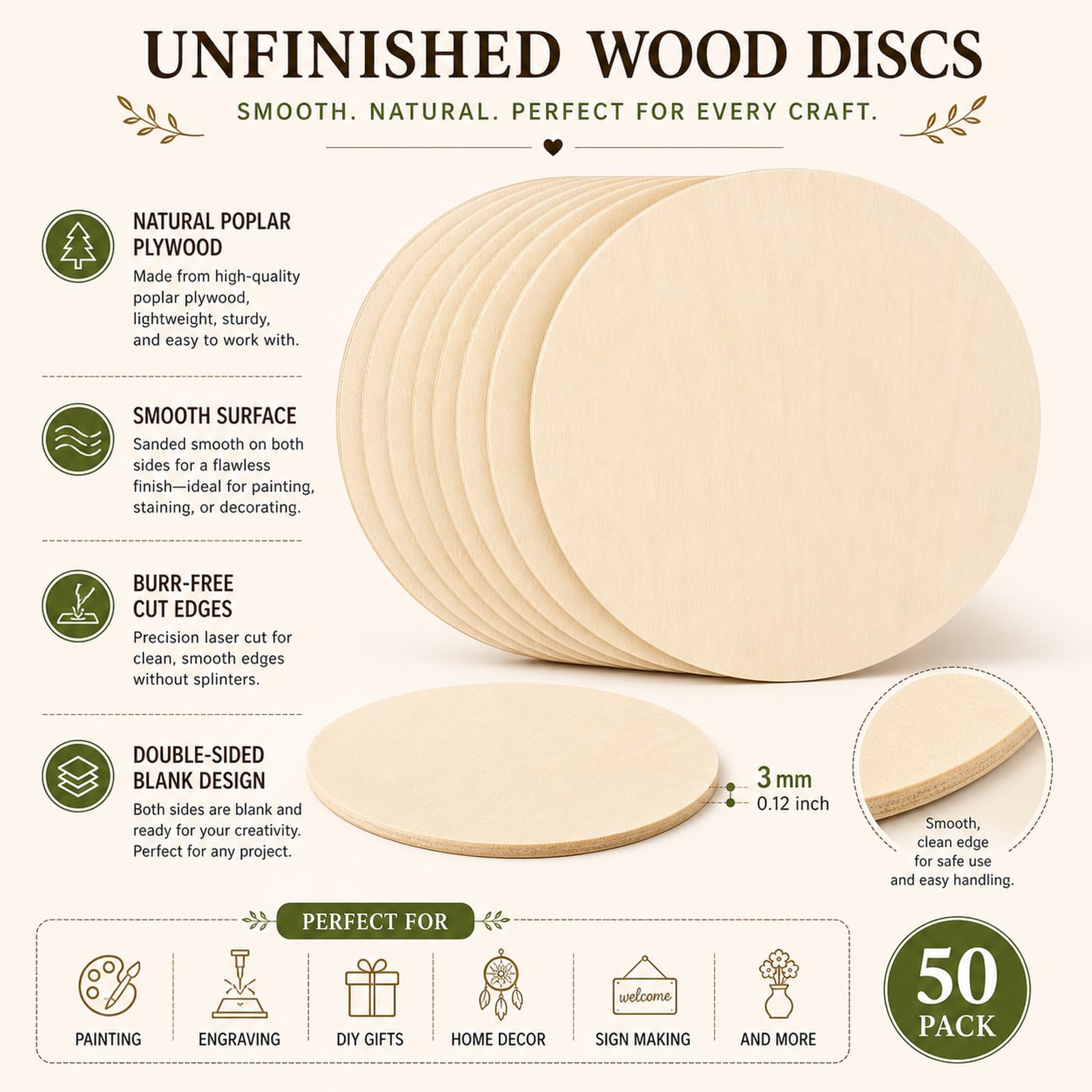 STARVAST 50 dischi di legno grezzo naturale, fetta di legno 15 cm con spessore 3 mm, tondi di legno per arti e mestieri, decorazioni natalizie, artigianato fai da te, 6 pollici