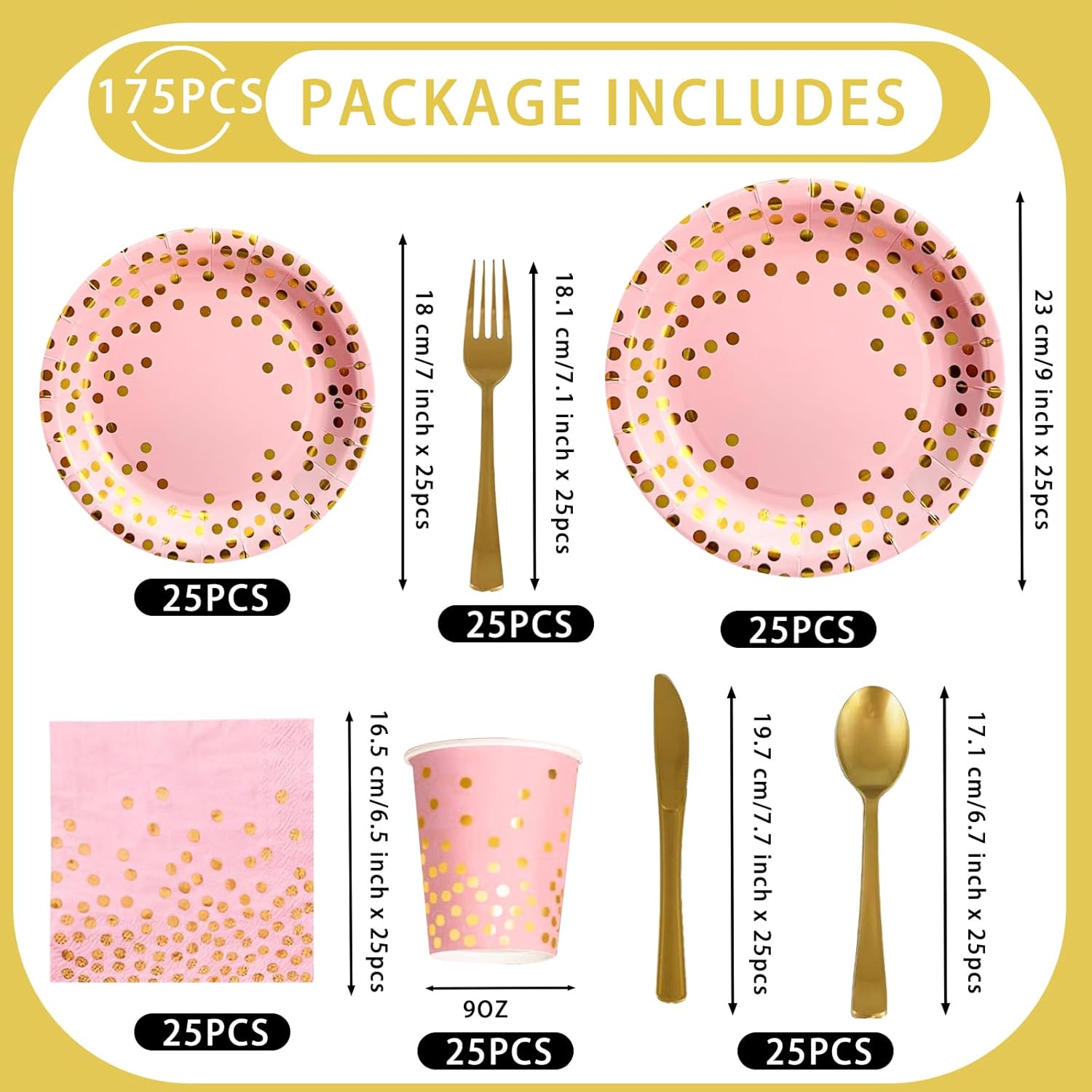 Paper Plates and Napkins Party Supplies - 175pcs Pink and Gold Polka Dots Disposable Party Plates and Cups and Napkins Sets for Birthday, Wedding, Shower, Graduation Decorations (Serve 25 Guests)
