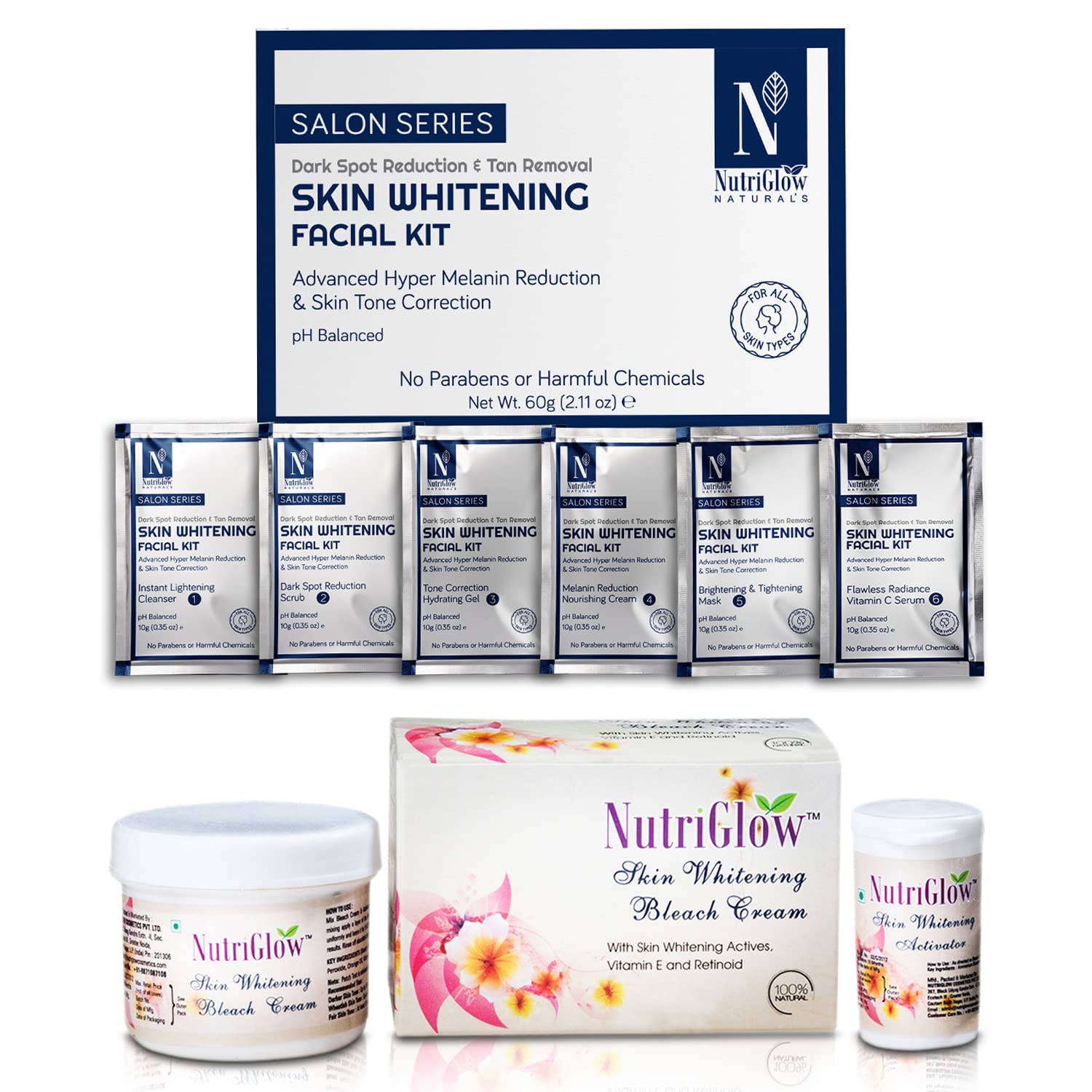 NATURAL'S Advanced Pro Formula Combo Pack of 2 Skin Whitening Facial Kit (60gm) and Skin Whitening Bleach Cream for All Skin Types (43gm)