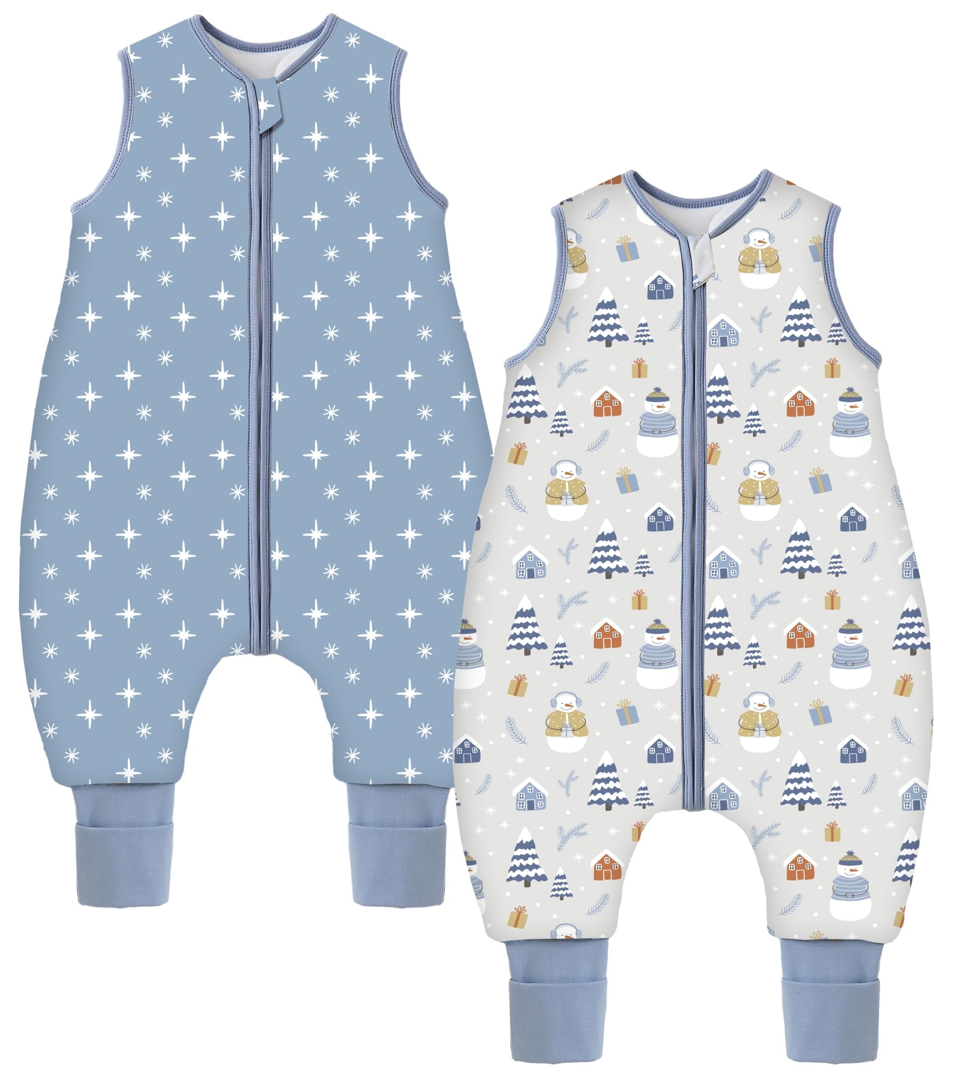 Teechodina Baby Schlafsack mit Füßen 2er Pack 2.5 Tog Kinder Winter Schlafsack mit Beinen für Jungen und Mädchen, 2.5 Tog/Schneemann + Sterne, 90cm/Baby Höhe 100-110cm