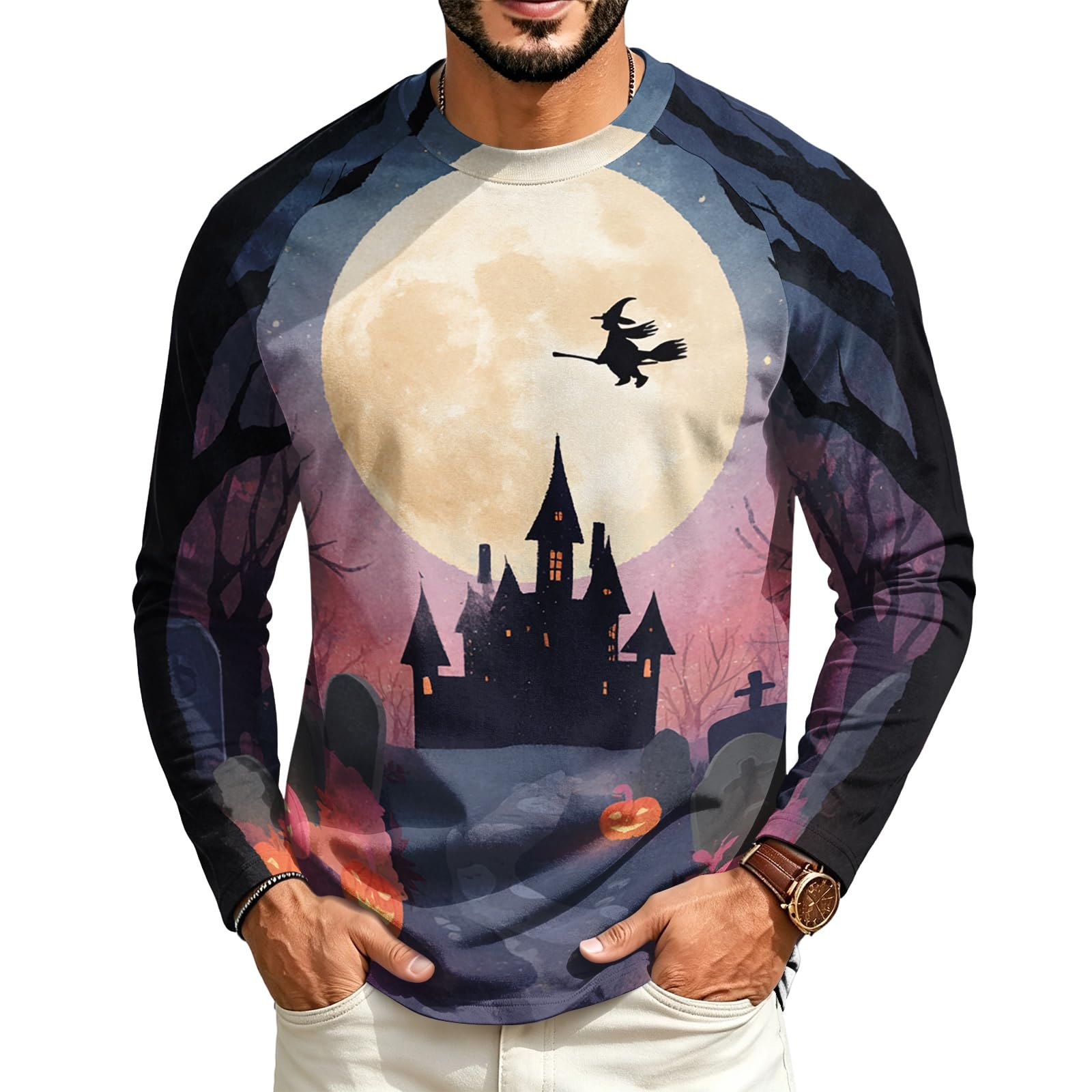 Halloween Crew Neck Shirts Costumes for Men Long Sleeve,01-Purple M — image 1