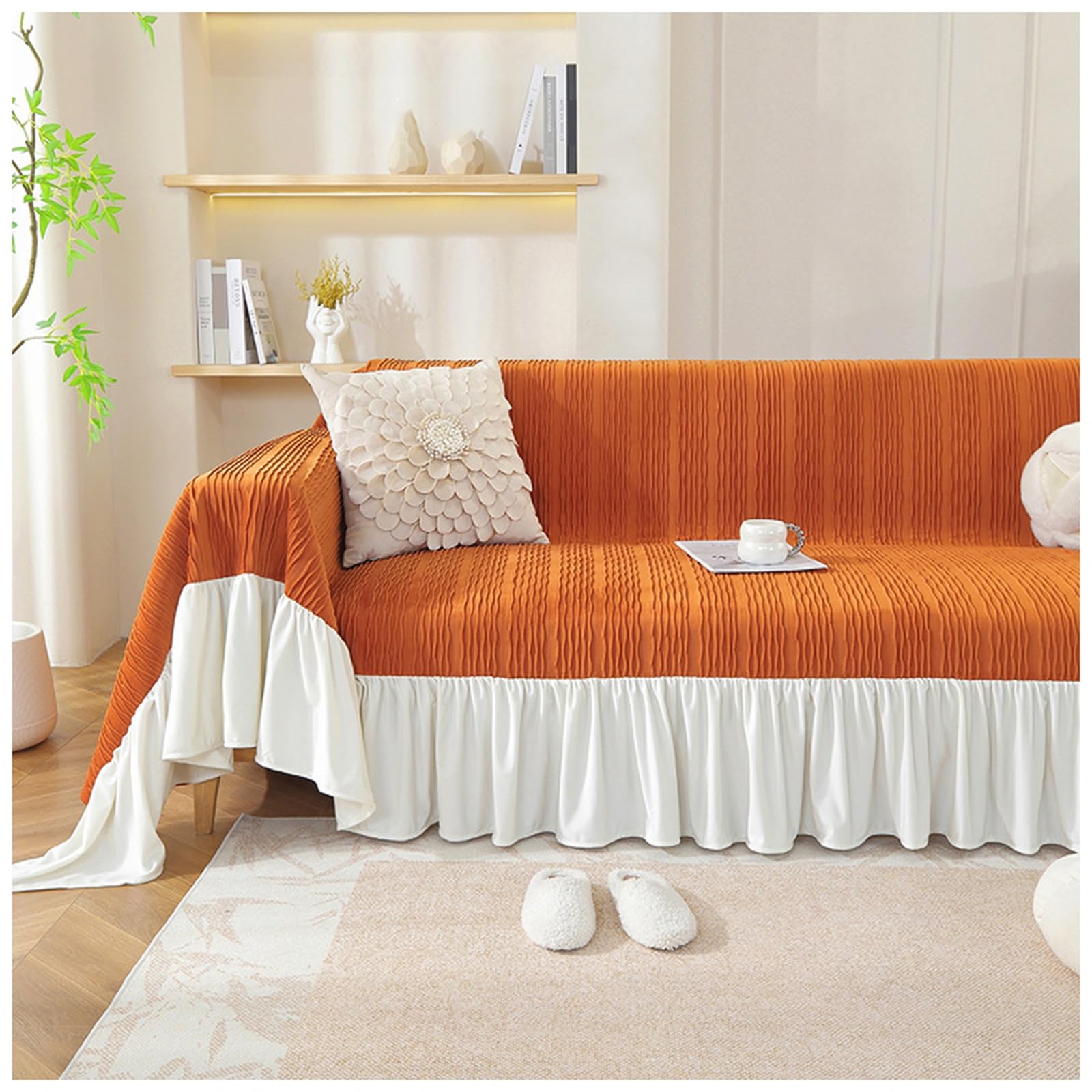 Housse de canapé en velours orange 71x134 pouces | Protection pour divan sectionnel à jupe