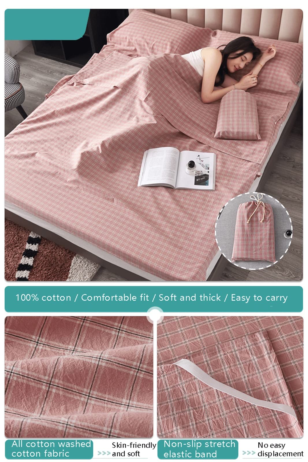 RUZGAR Sacco a Pelo Matrimoniale Sacchi a Pelo Estivi Sacco a Pelo Leggero e Compatto in 100% Cotone Motivo a Righe a Quadri Sacco Nanna for Viaggi in Hotel (Color : Pink C, Size : 160x210cm-63x82)