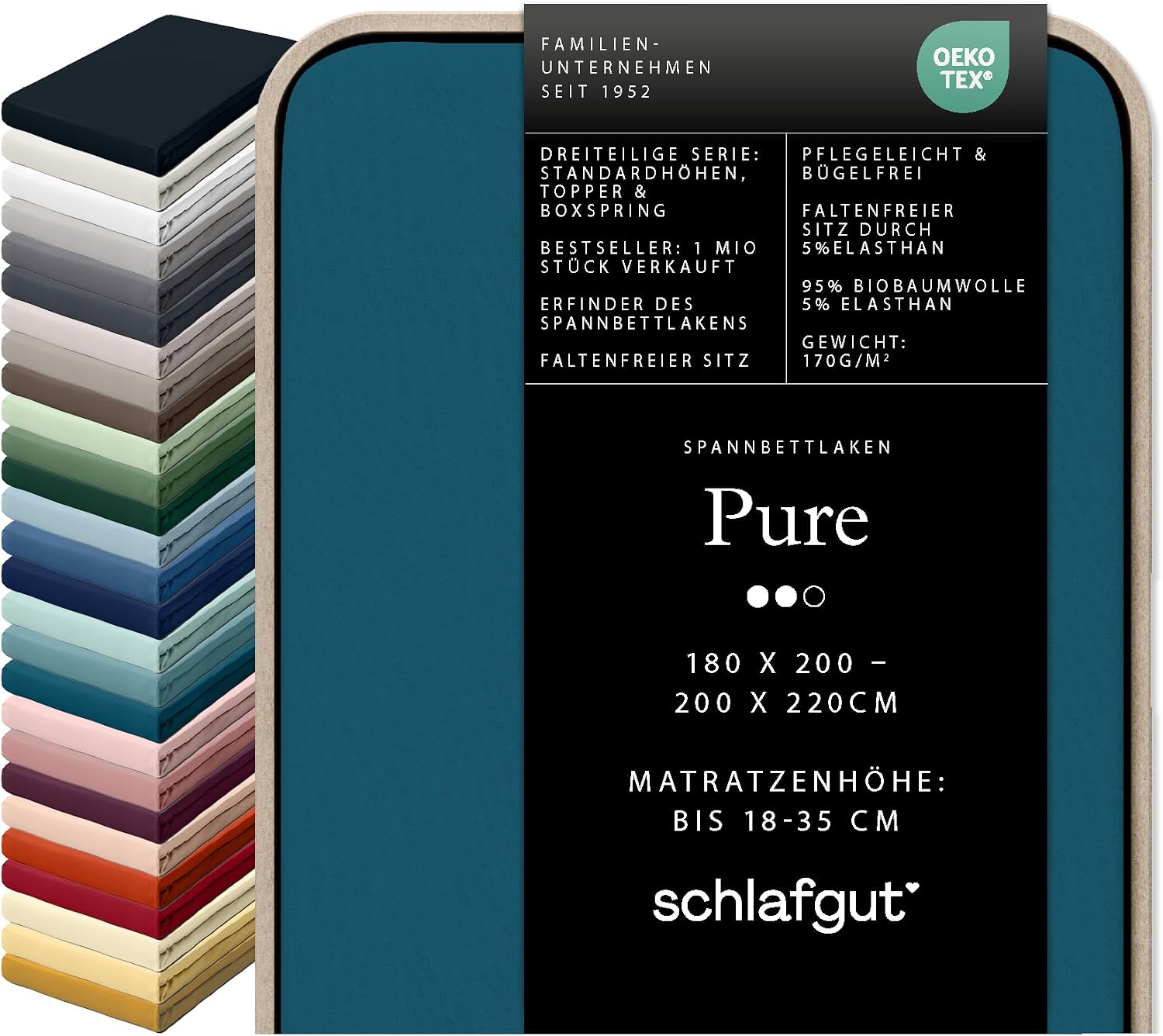 schlafgut Pure Fitted Sheet 95% Organic Cotton and 5% Elastane Made in Green by Oeko Tex 180 x 200 cm to 200 x 220 cm Mattress Height from 18 to 35 cm Petrol Deep