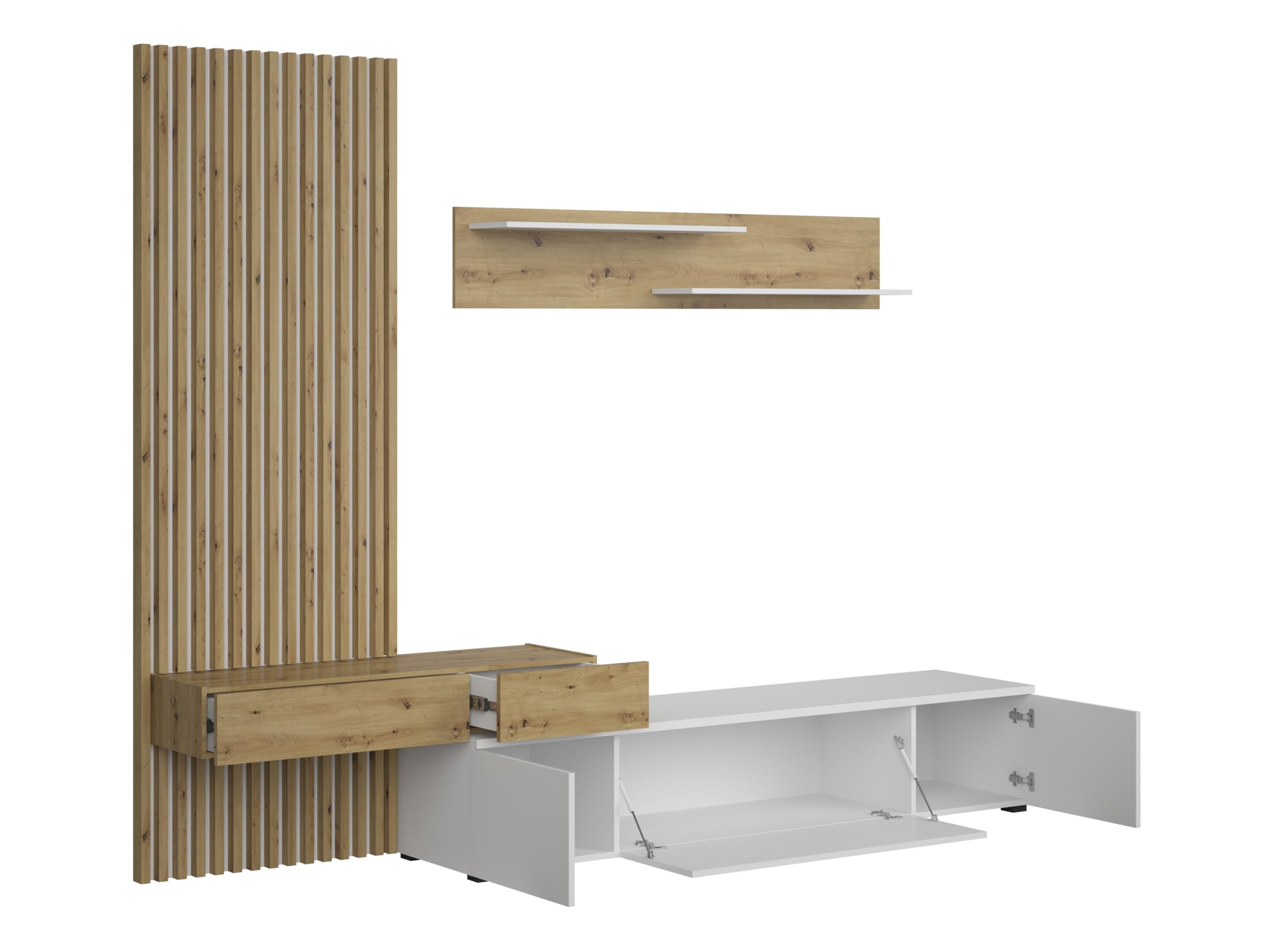 Mirjan24 Wohnwand Rakle Plus, Wohnmöbel, Elegante Wohnzimmer-Set mit dekorative Lamellen, Griffloses Öffnungssystem, Wohnzimmer Kollektion, Stilvolles TV-Lowboard (Schwarz/Artisan Eiche)