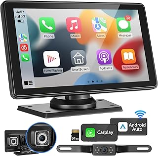 7" HD Portable Carplay Screen for Car, Touch Screen Car Stereo Compatible with Apple CarPlay & Android Auto, Front/Rear View Camera Stereo Receiver for Car Bluetooth FM Transmitter AUX TF