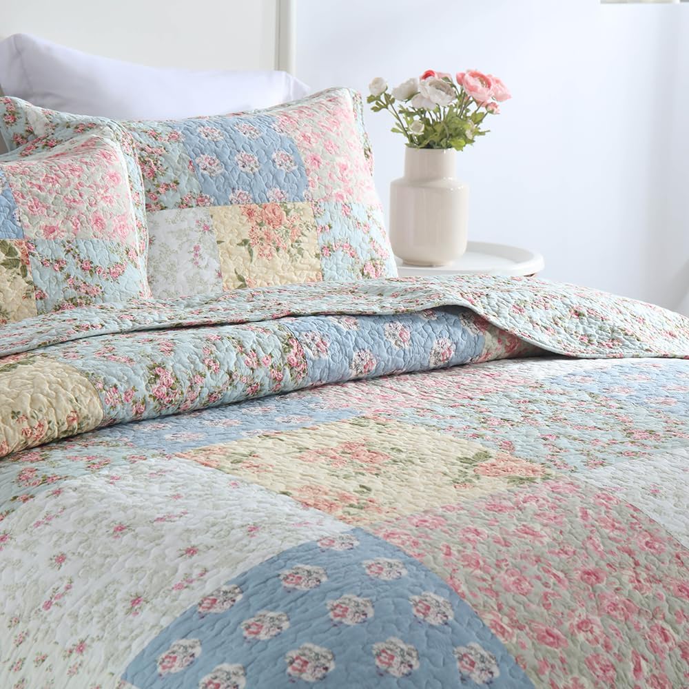 Cotton Bedspread Quilt Bedding Sets 3 Pieces Reversible Coverlet Sets Comforters Green Rose Floral Patchwork Bedspread, Queen Size - Image 3
