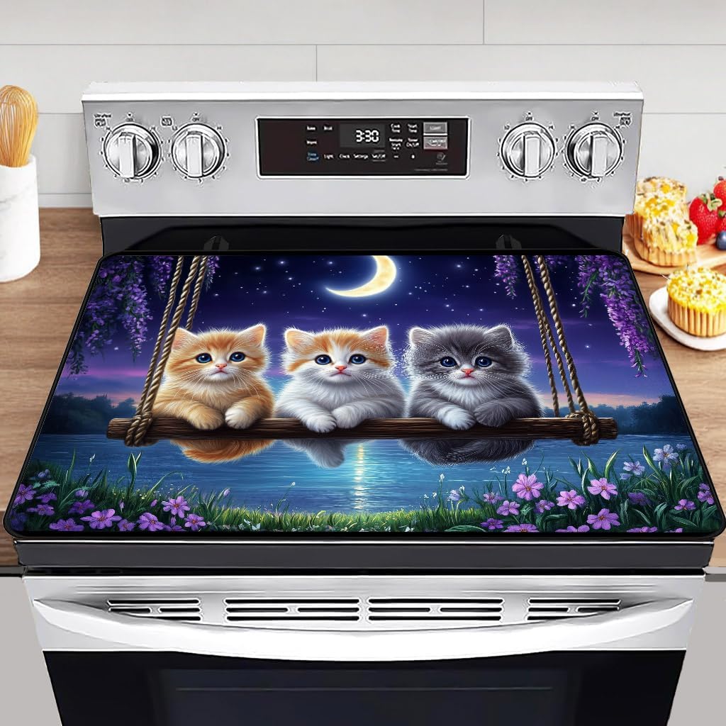 Cute Kitten Electric Stove Top Cover Protector,Moonlight Lake Stove Top Covers for Gas Burners,Lavender Cooktop Mat for Ceramic Glass Cooktop Protector,Glass Top Stove Cover