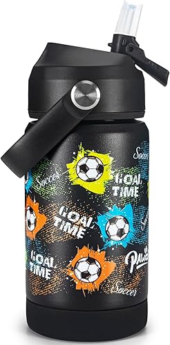 Miniatura 1 de Botella de agua aislada de 12 onzas con pajilla, botella de agua deportiva con boca ancha, taza térmica de viaje a prueba de fugas, color negro