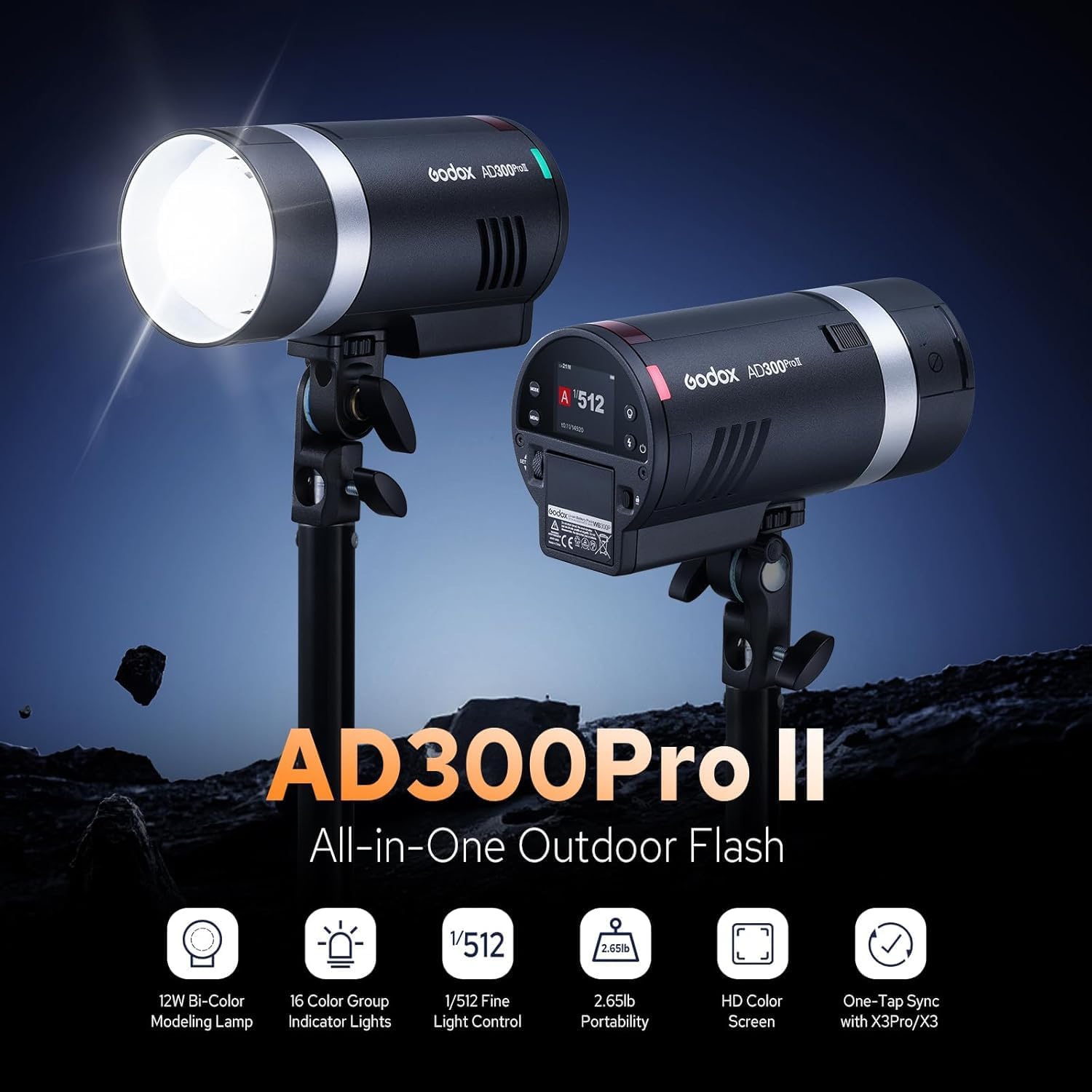 Godox AD300 Pro II AD300Pro II Outdoor Flash Strobe, 300Ws 2.4G TTL 1/8000 HSS, 0.01-1.5s Recycle, 350 Full Power Flashes, 12W Modeling Lamp, GODOX AD 300 Pro II Portable Flash Monolight