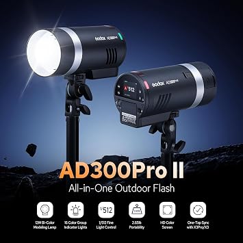 Godox AD300 Pro II AD300Pro II Outdoor Flash Strobe, 300Ws 2.4G TTL 1/8000 HSS, 0.01-1.5s Recycle, 350 Full Power Flashes, 12W Modeling Lamp, GODOX AD 300 Pro II Portable Flash Monolight