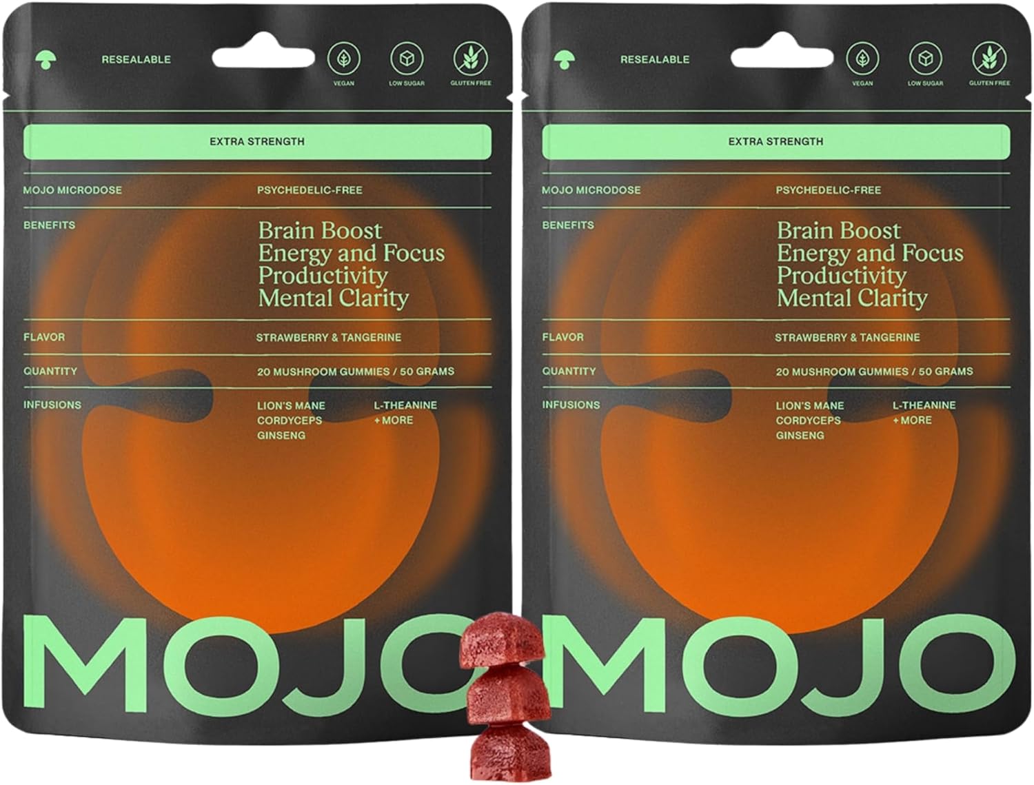 Mojo Focus Gummies with Lion’s Mane, Panax Ginseng, Ginger Root, Cordyceps, SAM-e, and Nootropics, Energy and Focus Supplement, Vegan, Strawberry Tangerine (20 Count – Pack of 2)