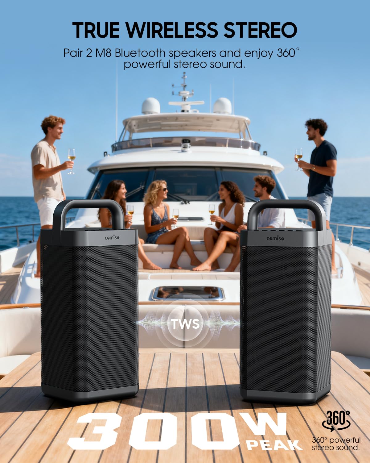 COMISO Portable Bluetooth Speaker with Deep Bass,150W Peak, IPX6 Waterproof Outdoor Speaker with 12H Playtime,Power Bank Function, Party Speaker with USB/AUX/Mic Inputs, Speakers for Home,Beach&Travel