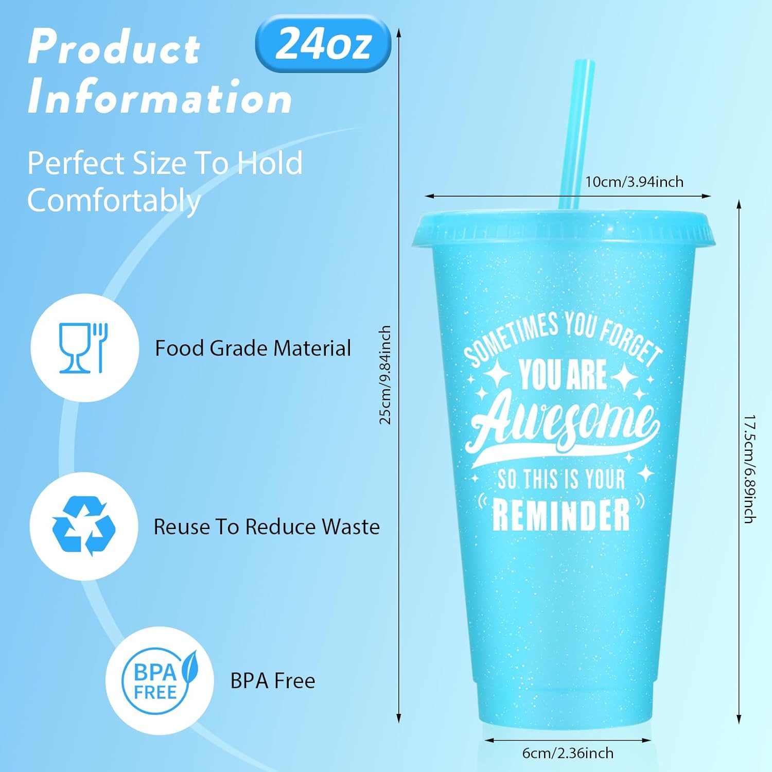 24 Pack Plastic Tumblers with Lids and Straws, Sometime You Forget You Are Awesome Gifts Reusable Cups with Lids Colorful Cups for Party, Iced Coffee Cup Bulk Tumbler (24 oz, Light Color Printed) - Image 2