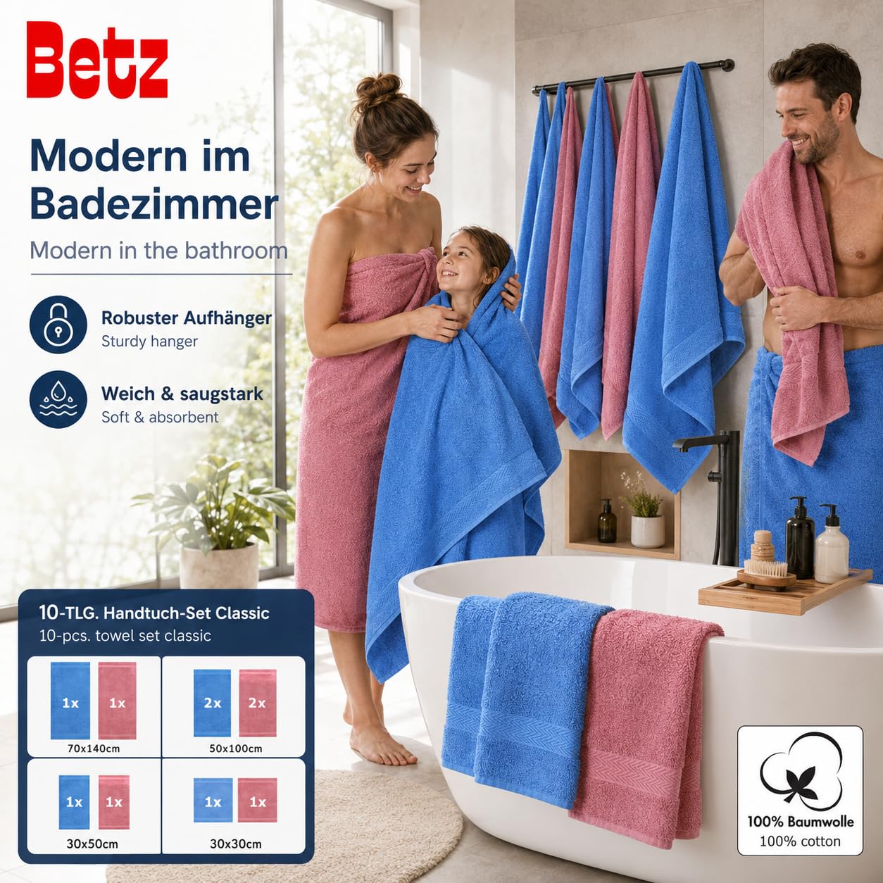 Betz 10-częściowy zestaw ręczników Classic 2 ręczniki do twarzy 30 x 30 cm 2 ręczniki dla gości 30 x 50 cm 4 ręczniki do rąk 50 x 100 cm 2 ręczniki kąpielowe 70 x 140 cm 100% bawełna kolor stary różowy i jasnoniebieski