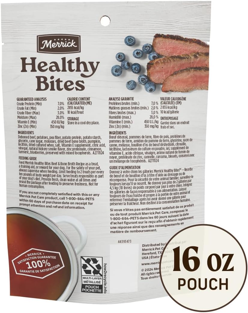 Merrick Healthy Bites Grain Free Dog Treats, Soft Treats with Bone Broth for Dogs, Beef and Bone Broth Recipe - 16 oz. Pouch (Pack of 4)