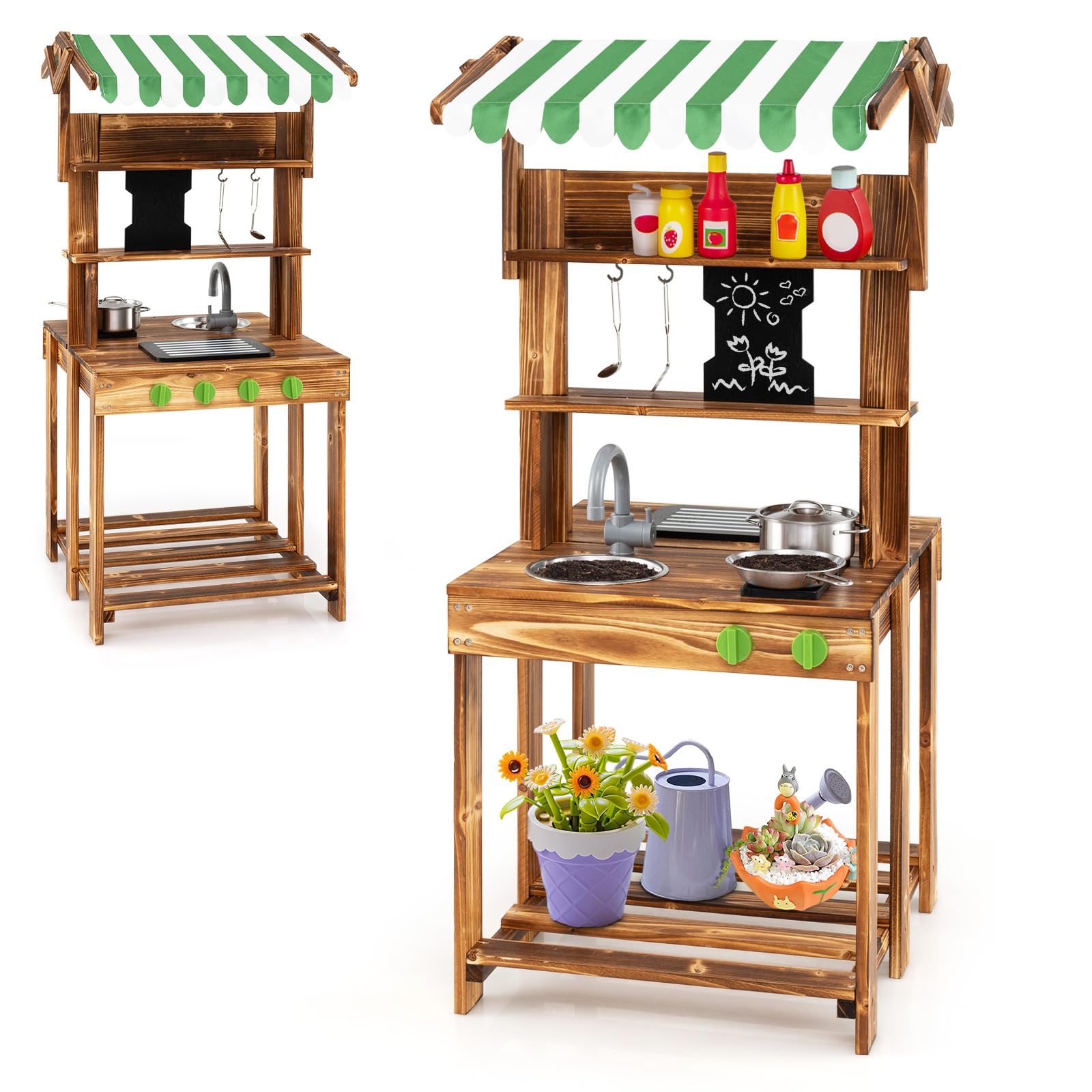 DREAMADE Matschküche Kinder Outdoor, Kinderküche mit Dach, Wasserhahn, Spüle, Tafel & Kindergrill, Doppelseitige Spielküche aus Tannenholz, Outdoor Küche für Jungen & Mädchen ab 3 Jahren