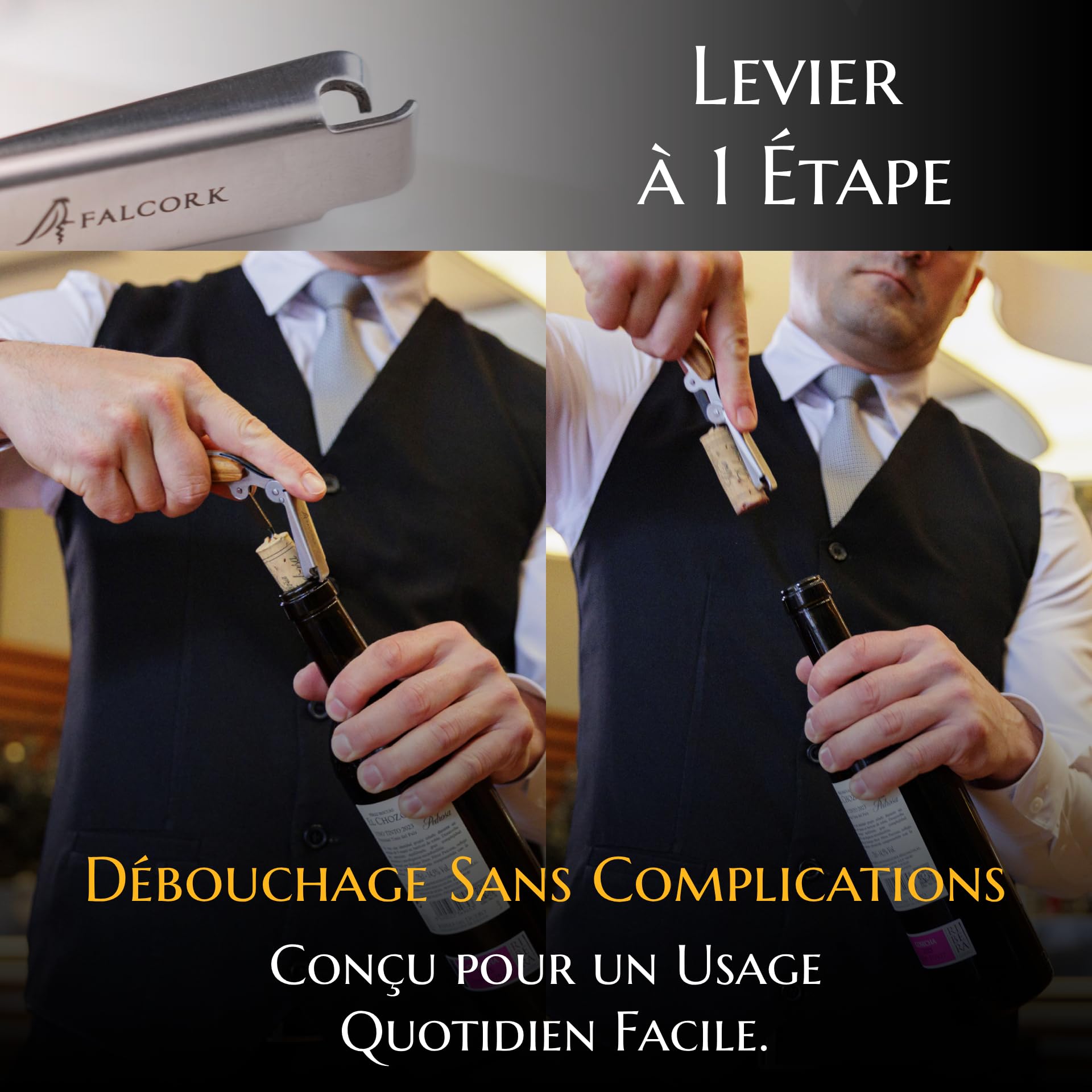 Limonadier pour Professionnels FALCORK® 144 Efficacité – Tire-Bouchon à Une Étape pour Usage Intensif en Hôtellerie-Restauration avec Hélice Marquée, Décapsuleur Intégré et Manche en Bois d’Olivier
