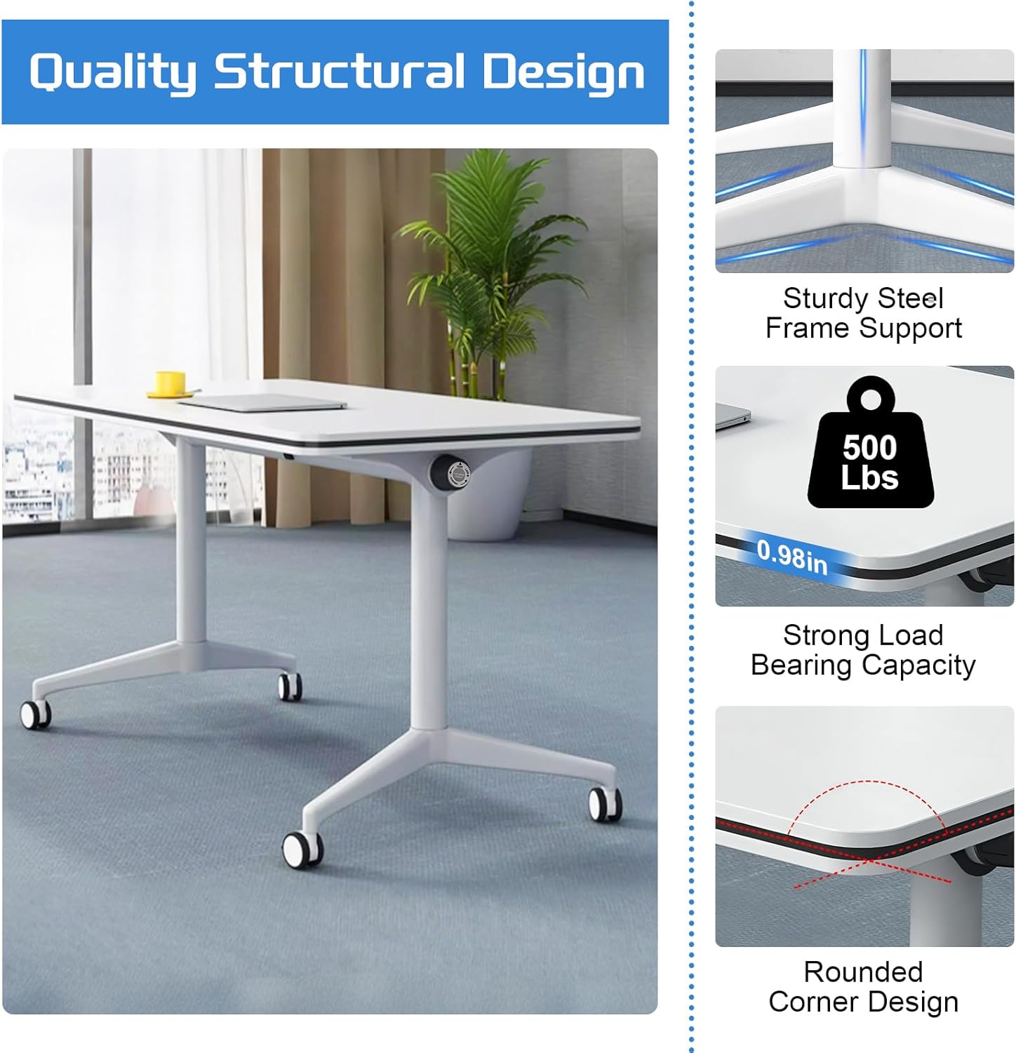 Movable Folding Conference Table,Modern Conference Room Table with Wheels,Rectangular Conference Table Business Style,for Office Classroom Training Meeting Room (8, White, 55.1in)
