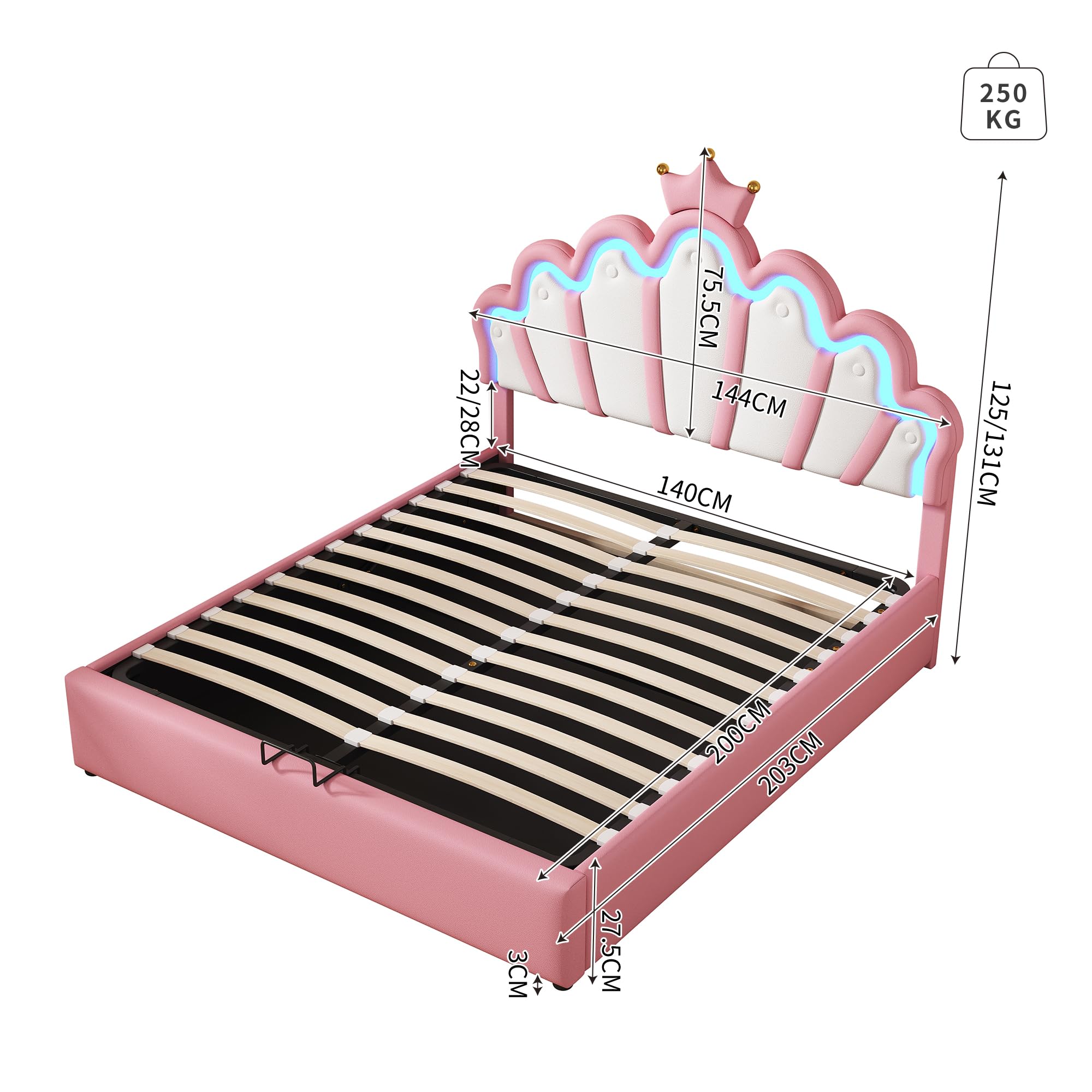 Canapé Abatible 140x200 cmde Cuero Sintetico con Estructura de Cama con Sistema Hidraulico de Almacenamiento Cabecero Acolchado de Nube Elegante para Dormitorio Matrimonial Rosa