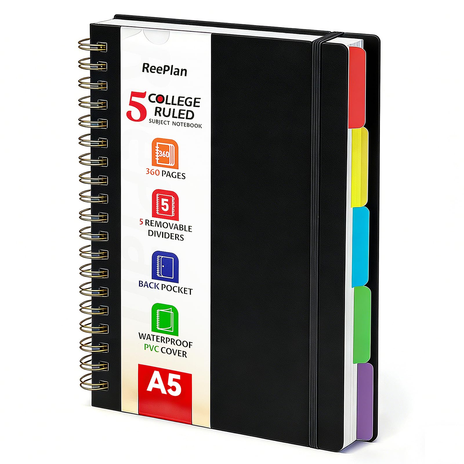 ReePlan A5 Spiral Notebook, 360 Pages College Ruled with 5 Removable Dividers, 100 GSM Thick Paper Journal, Multi-Subject Note Book for School, Office and Daily Writing (Black)