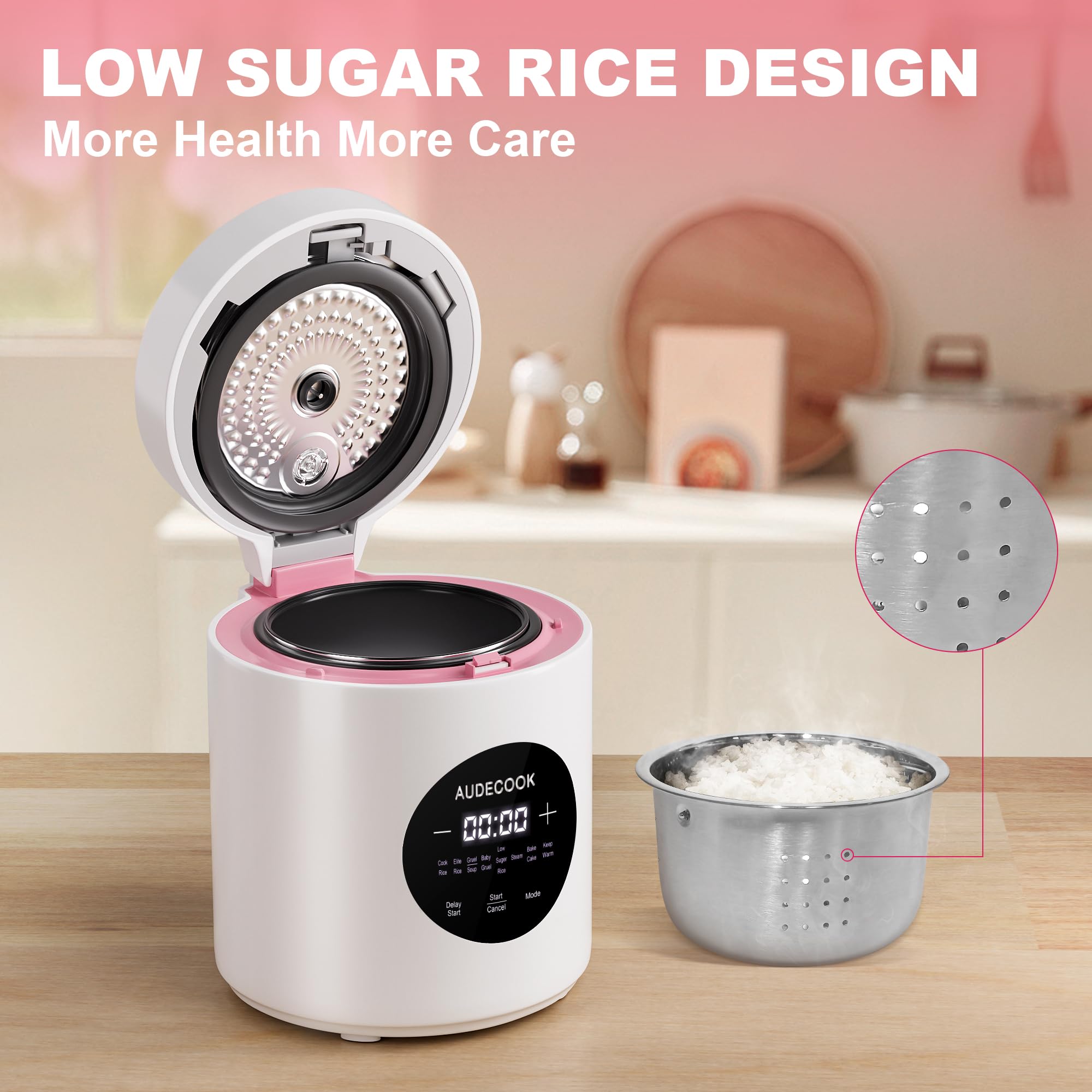 Audecook Kuchenka do ryżu 1,5 l z funkcją niskiego węgla i parownikiem, 7-funkcyjna mini kuchenka do ryżu, cyfrowy multicooker, timer, utrzymywanie ciepła na ekranie LED (biały)