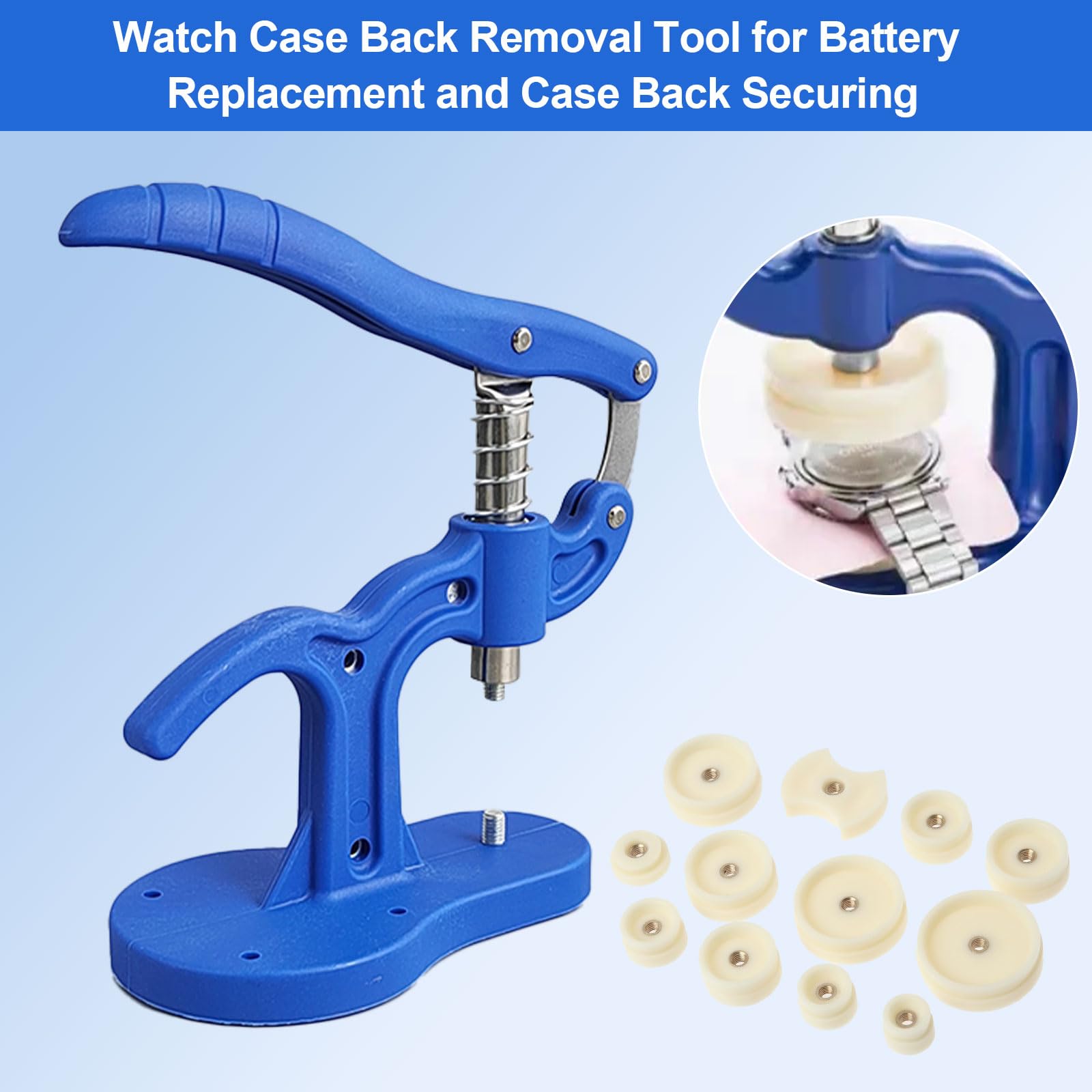 Watch Press Tool, Case Pressing Machine, Nylon Plastic Case Pressing Machine, Watch Back Cover Pressing Machine Application: Watch Repair, Pressing Watch Case Backs Includes 12 Adapters 5-50mm (Blue) — view 5