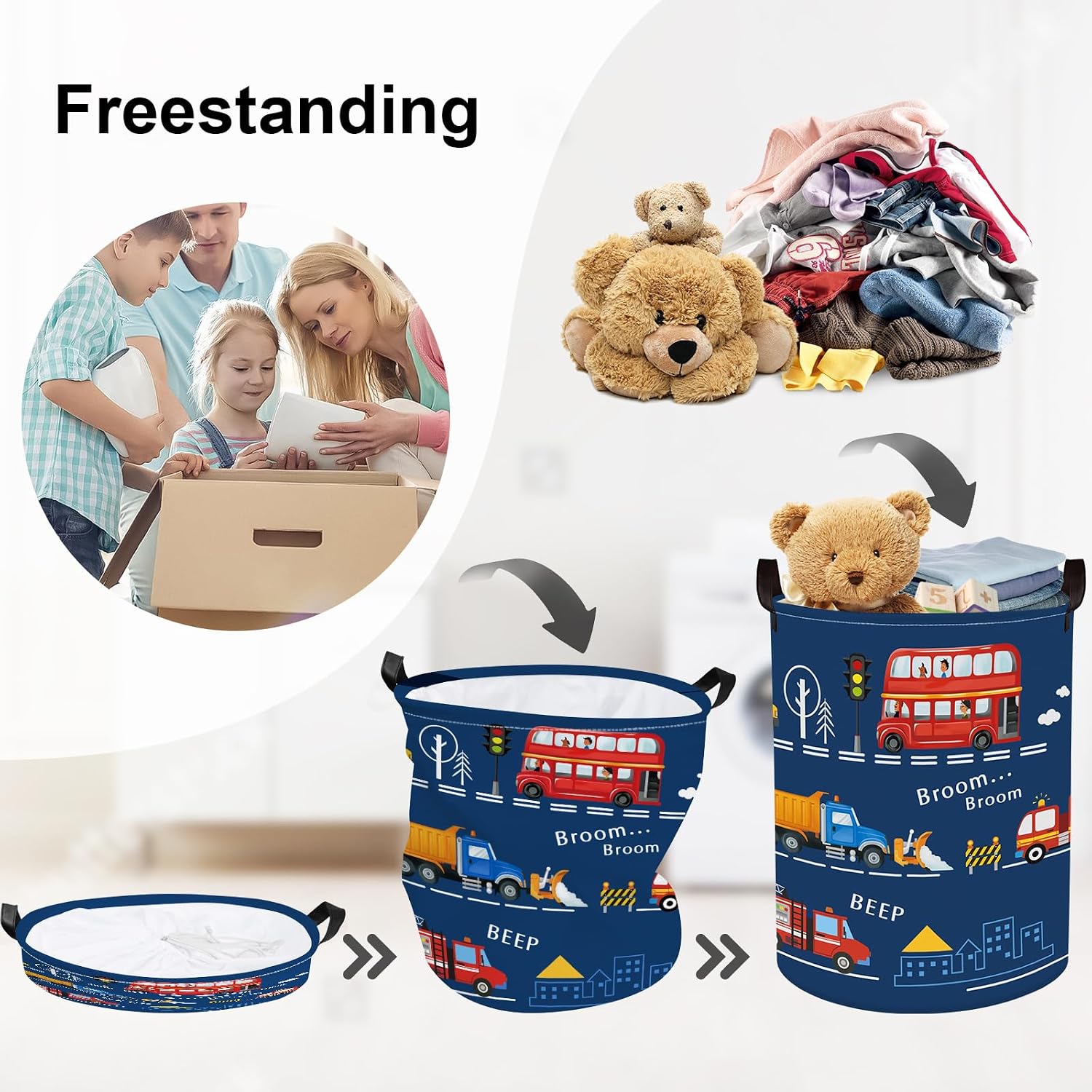 Cars Laundry Hamper Cartoon Vehicle Large Storage Basket Collapsible Parents Organizer Boy Toy Clothes Bins for Bedroom, Bathroom, City Bus, 63L image 3