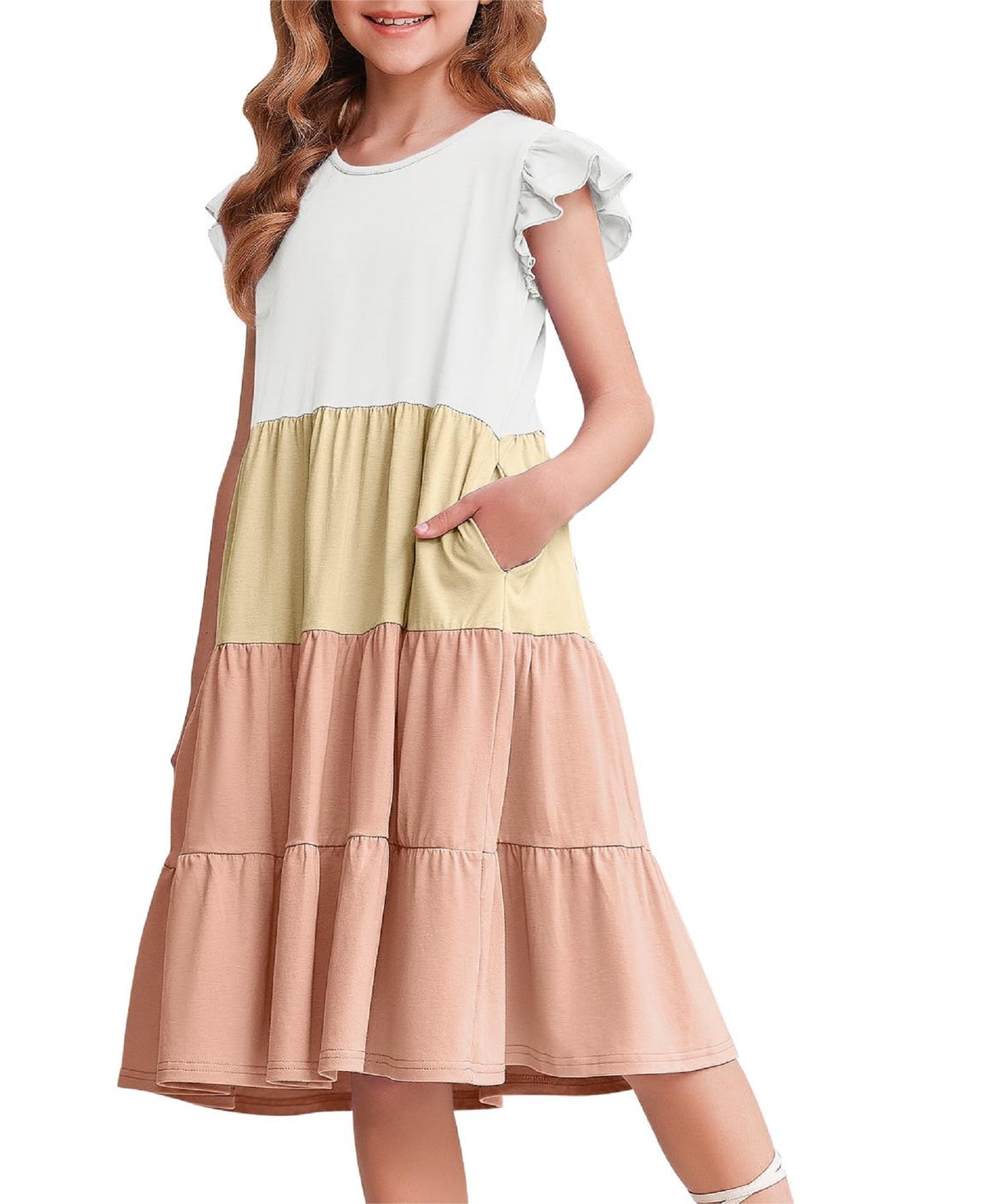 Arshiner Mädchen Sommer Kleid Rüschenärmel Kinder Baumwolle Freizeitkleid Rundhals Kurzarm Swing Festliches Kleider für Mädchen 4-14 Jahre