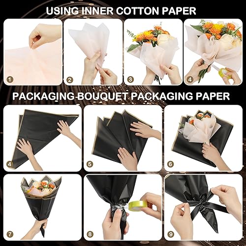 Miniatura 6 de xunhewi 20 hojas de papel de regalo de flores con borde dorado, papel de embalaje, suministros de ramo de floristería para bodas, manualidades,