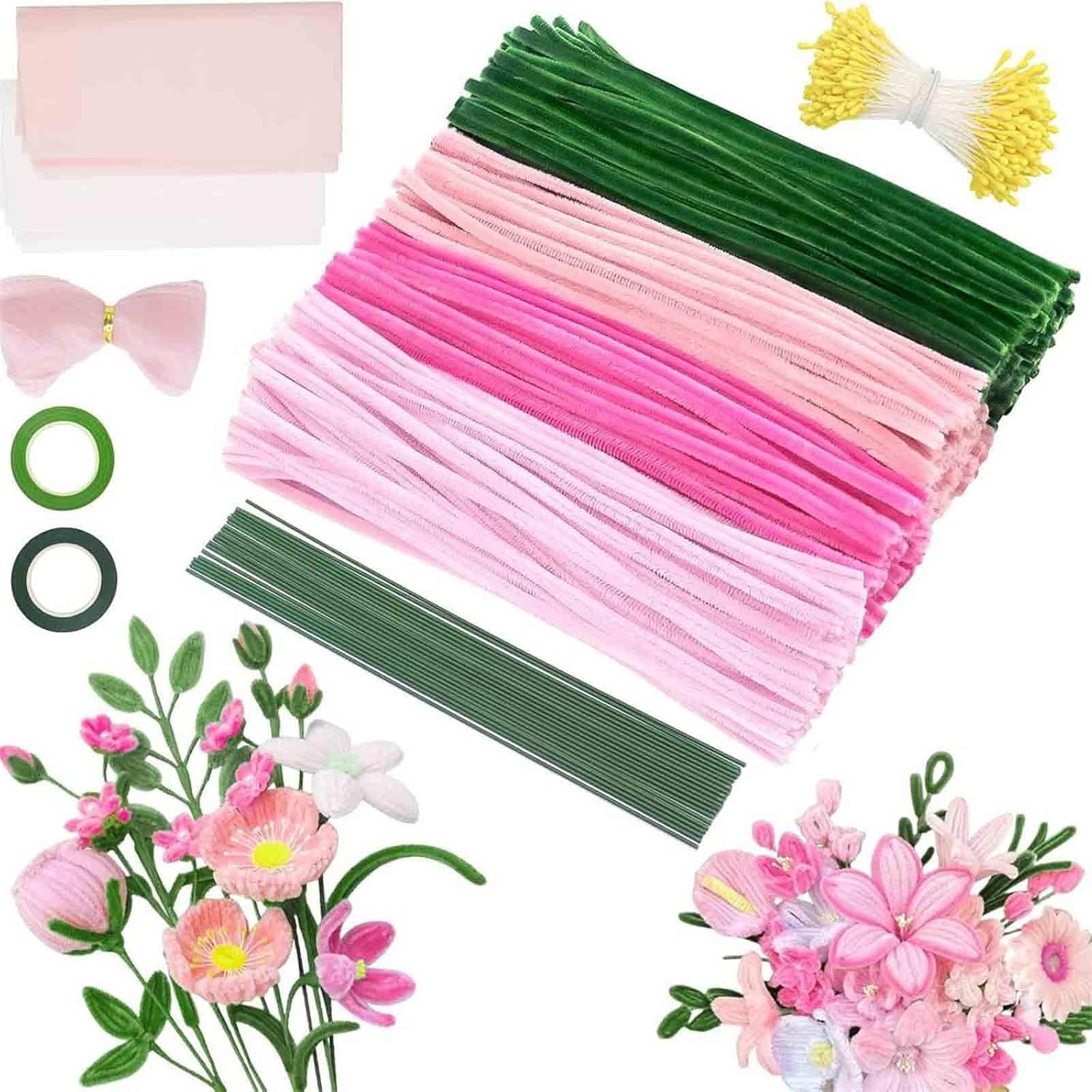 Tulips Pipe Cleaner Flower Kit with Accessories Pipe Cleaners Craft for Christmas Mother's Day 11.81in Portable for Train Journeys(400pcs-packag-coloured Box)