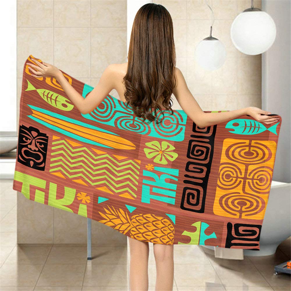 Moslion Comfy Bath Towels Retro Tiki Fish Flower Vintage Soft Bathing/Beach/Camping Towel for Women Men Girls Boys Large Size 64x32 Inches