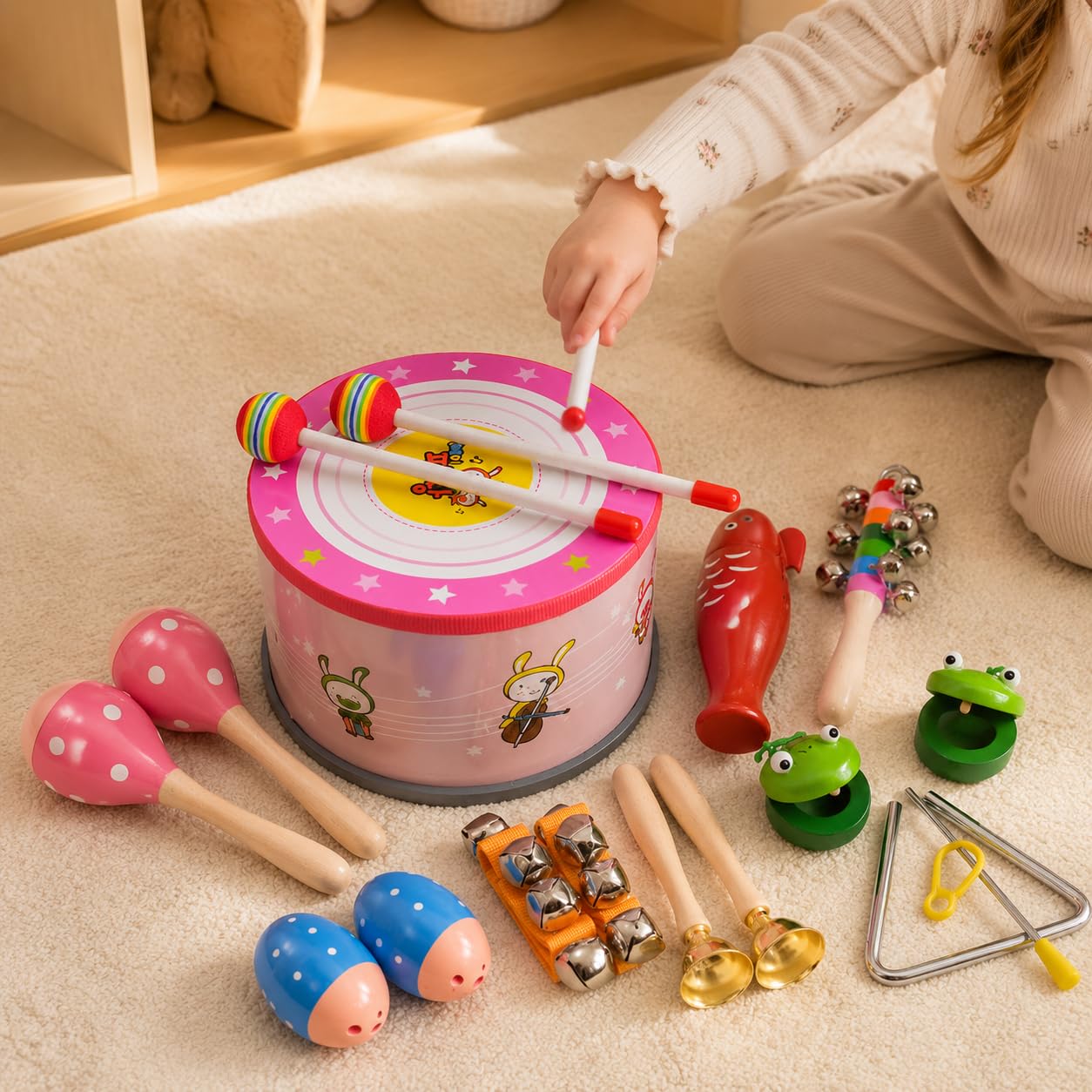 Strumenti Musicali in Legno Educativi per Bambini - Giocattoli Musicali per lo Sviluppo Sensoriale - gioco sensoriale , Tamburo coreano rosa 9 tipi
