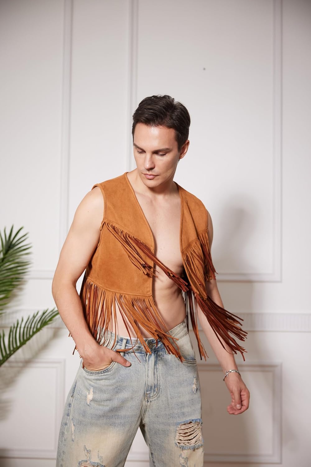 WDIRARA Men's Open Front Sleeveless Fringe Hem Party Club Jacket Vest Outerwear - Image 2