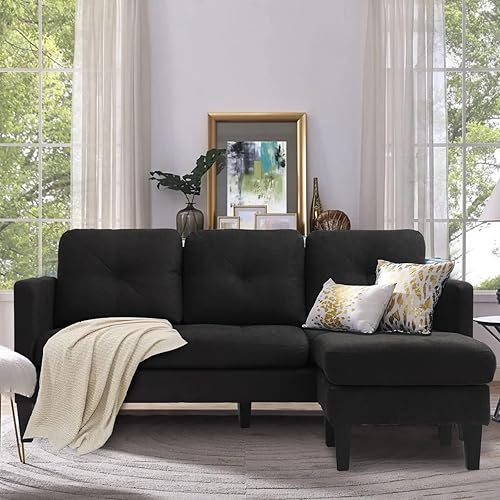 Miniatura 8 de Grepatio Sofá modular convertible, sofá en forma de L de 3 asientos con tela de lino moderna para espacio pequeño y sala de estar (negro)