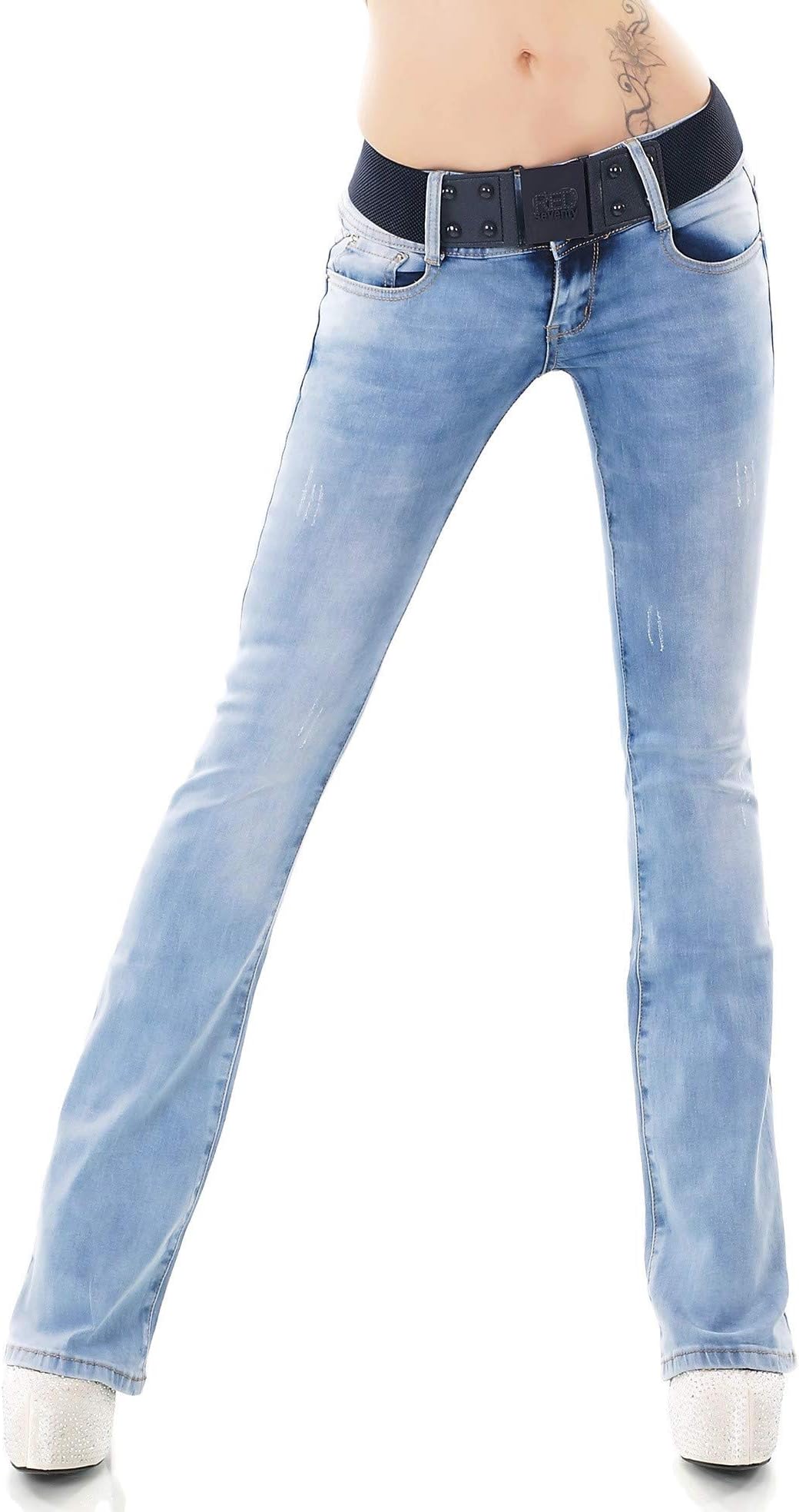 Noir Triple XXX Women's Boot Cut Stretch Denim Jeans Light Blue Jeans + Belt