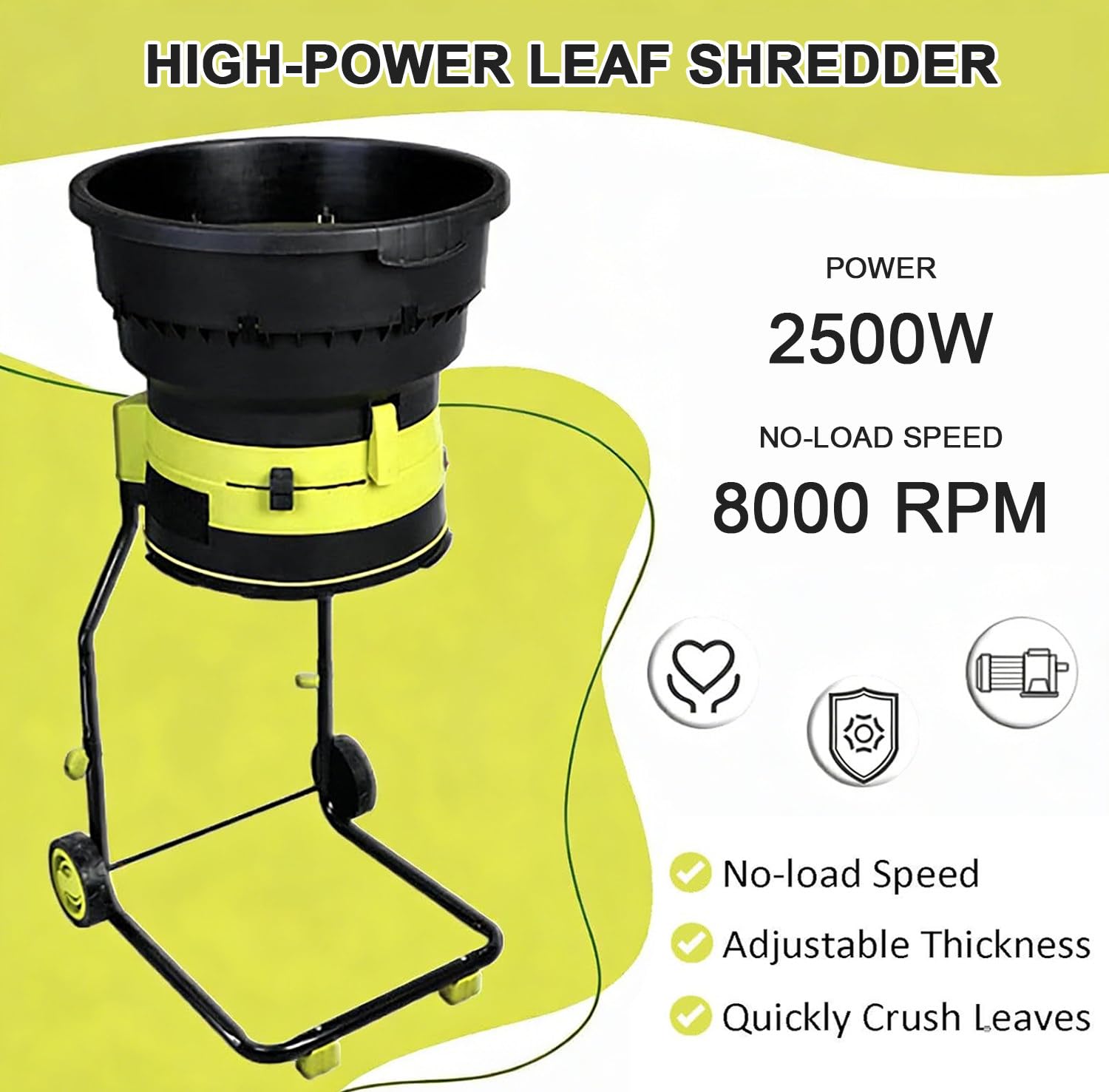 Trituradora de Jardín de 2500W,Trituradora Eléctrica de Ramas, Diámetro máximo de Entrada de alimentación 54 cm, Reducción de 17:1, Trituradora de Jardín 20m-Powercord