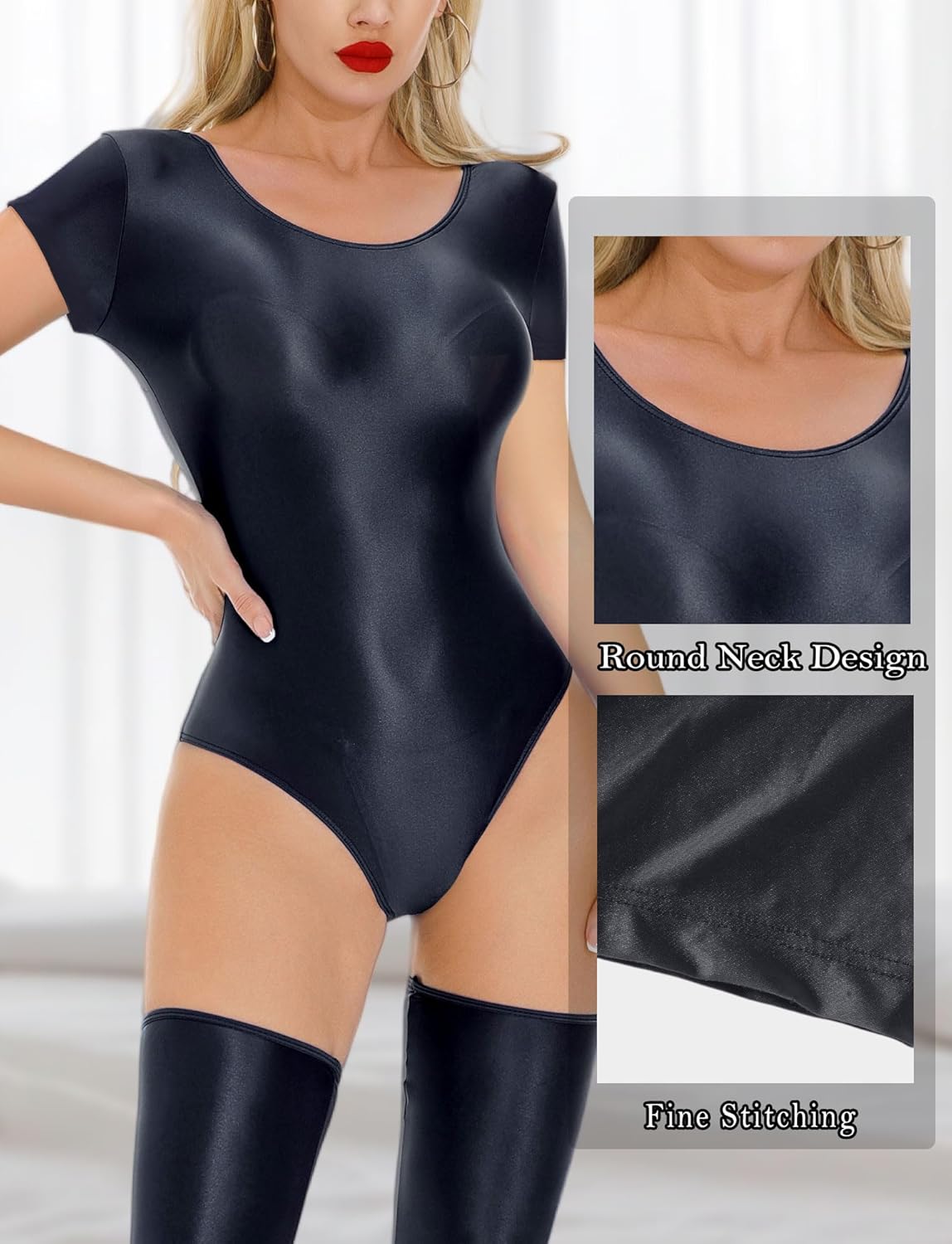 Women Glossy Short Sleeve Bodysuit Oil Shiny Leotard High Cut Jumpsuit Yoga Fitness Clubwear S-L - Image 5