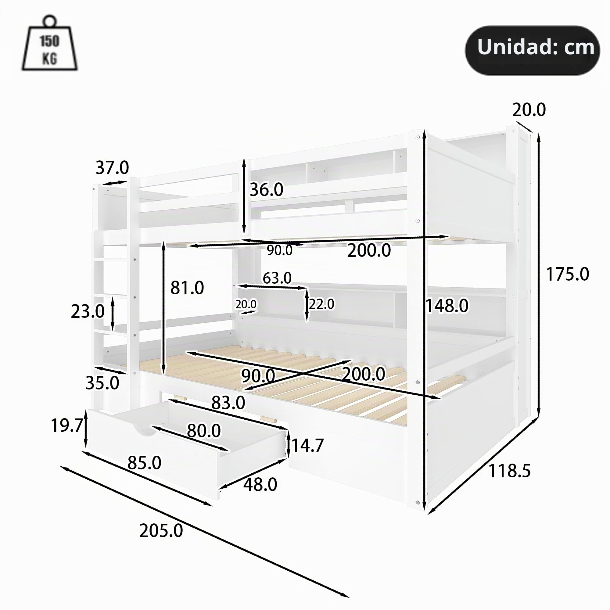 Moimhear 90 x 200 cm camas individuales, camas infantiles, literas, literas, con cajones, con compartimentos de almacenamiento, color blanco