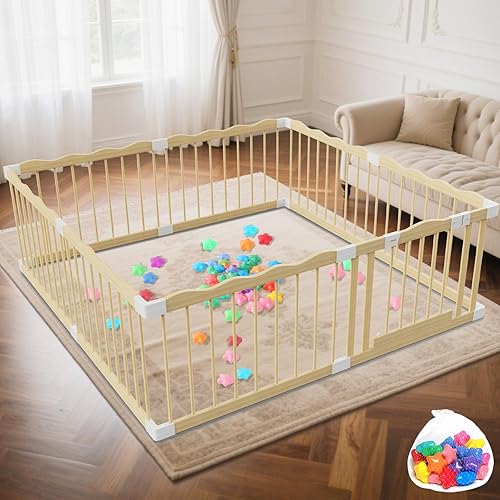 Corralito de madera para bebés – 65 x 65 pulgadas con diseño de ondas para bebés y niños pequeños – 30 bolas oceánicas incluidas valla de madera