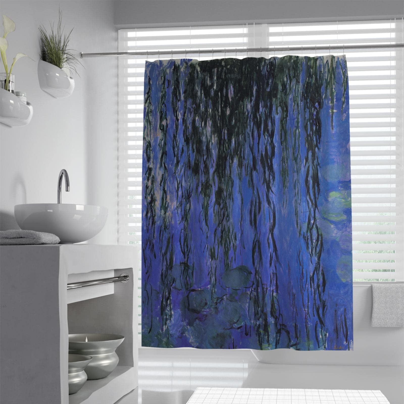 Rideau de douche abstrait violet avec impression d'œuvres d'art de Monet en tissu imperméable Décoration de salle de bain avec 12 crochets extra larges 90 x 180 cm