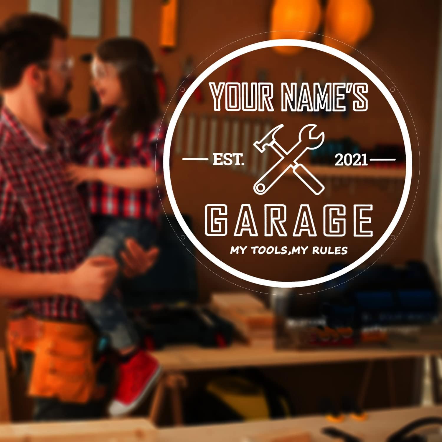 Custom Garage Neon Sign, Personalized Name Neon Garage Light Sign, Wall Décor Light Up Man Cave LED Sign for Garage, Men, Dad Gift, 16x16” Round (Garage Neon Sign 2)